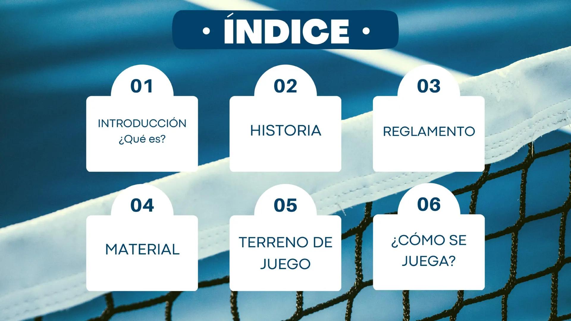 Cristina González Doñoro - BIZZ
PICKLEBALL 01
INTRODUCCIÓN
¿Qué es?
04
MATERIAL
INDICE.
02
HISTORIA
05
TERRENO DE
JUEGO
03
REGLAMENTO
06
¿CÓ