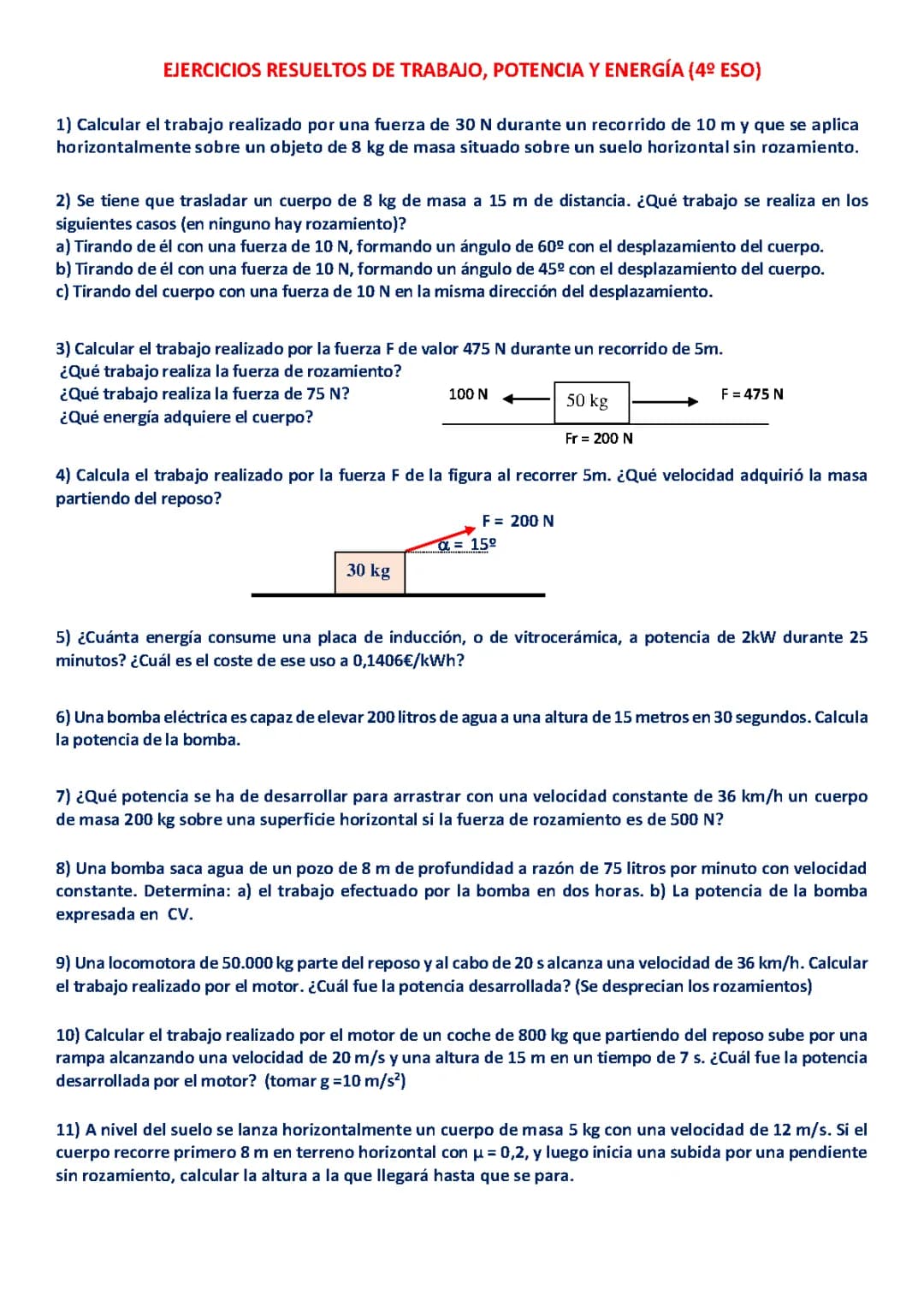 Ejercicios Trabajo y Energía 4 ESO PDF Resueltos - Potencia y Fuerza