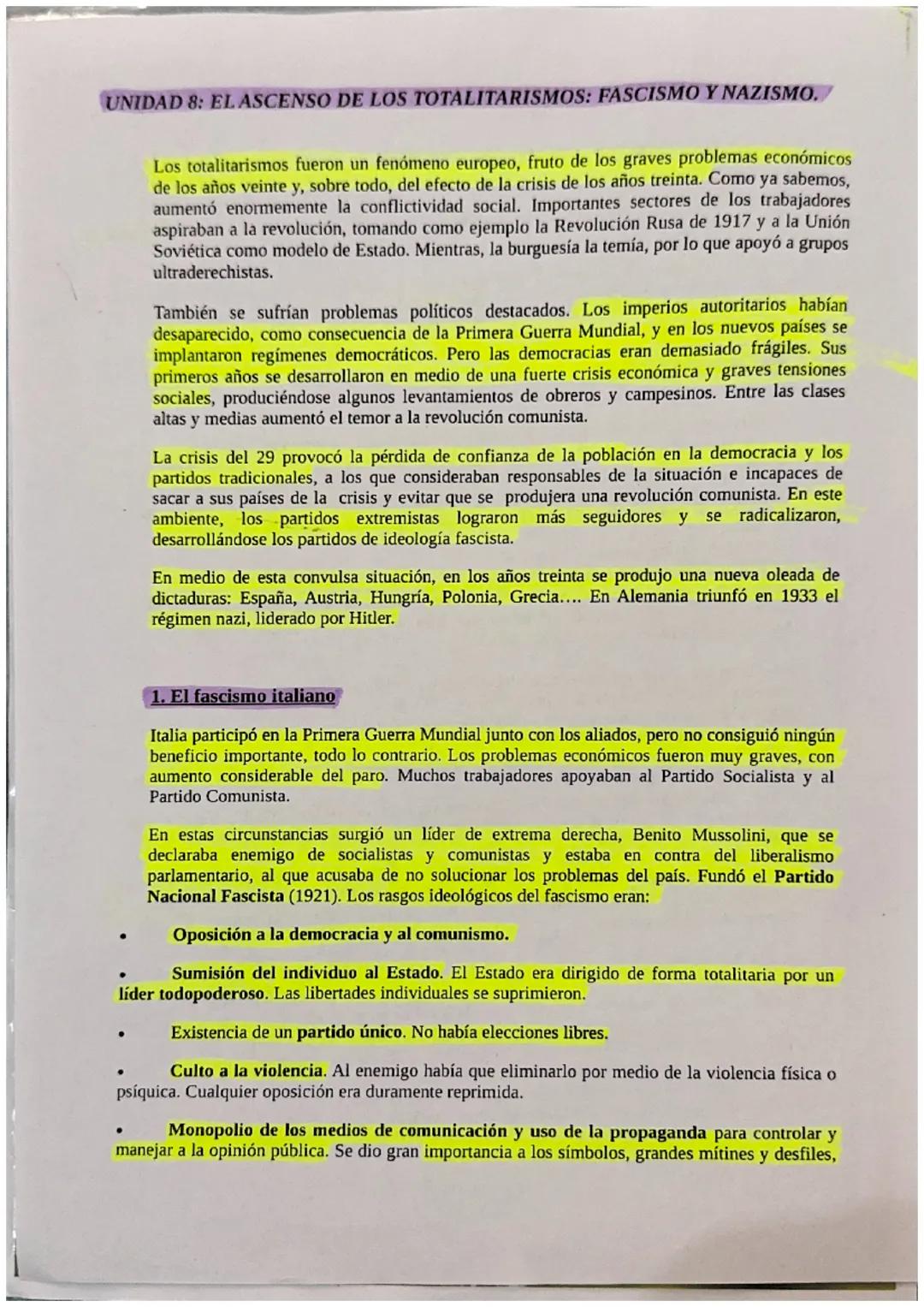 UNIDAD 8: EL ASCENSO DE LOS TOTALITARISMOS: FASCISMO Y NAZISMO.
Los totalitarismos fueron un fenómeno europeo, fruto de los graves problemas