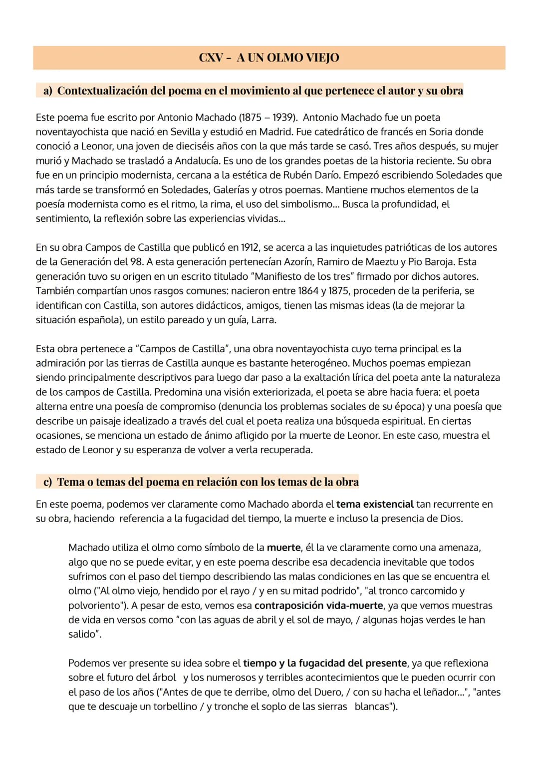 CXV-A UN OLMO VIEJO
a) Contextualización del poema en el movimiento al que pertenece el autor y su obra
Este poema fue escrito por Antonio M