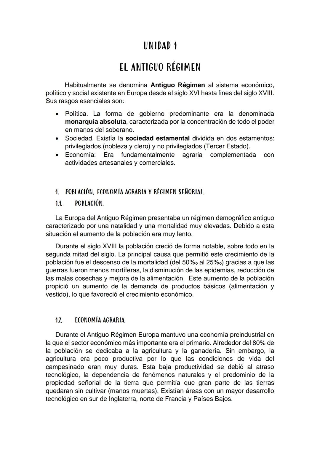 UNIDAD 1
EL ANTIGUO RÉGIMEN
Habitualmente se denomina Antiguo Régimen al sistema económico,
político y social existente en Europa desde el s