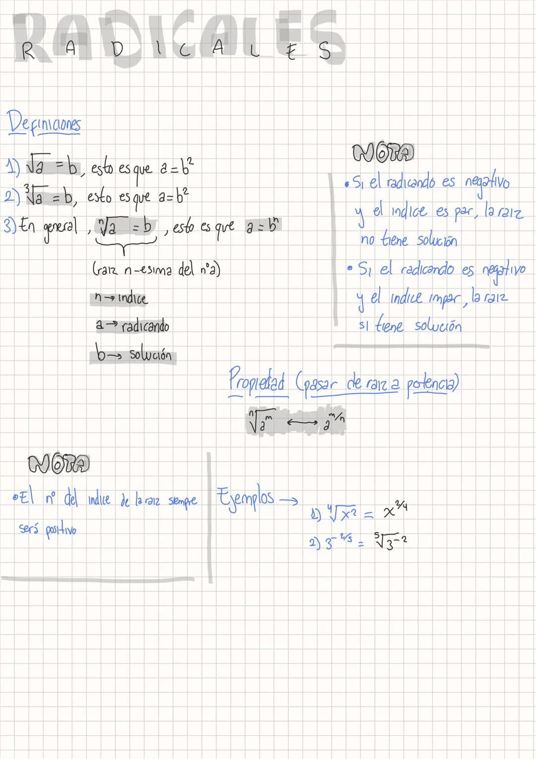 RADICALES
Definiciones
1) √₂ = b₁ esto es que a = b ²
3
2) ²³√₂ = b, esto es
a=b²
es que
3) En general, √/₂ =b, esto es que a = b^
(raz n-es