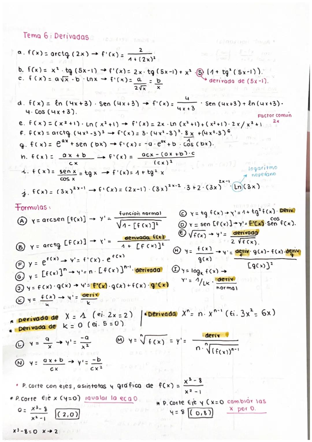 Tema 6: Derivadas
a. f(x)= arctg (2x) → f'(x) =
b. f(x)= x². tg (5x-1)→ f'(x) = 2x tg (5x-1) + x² 5 (1 + tg² (5x-1)).
c. f(x) = a√x-b·Lnx → 