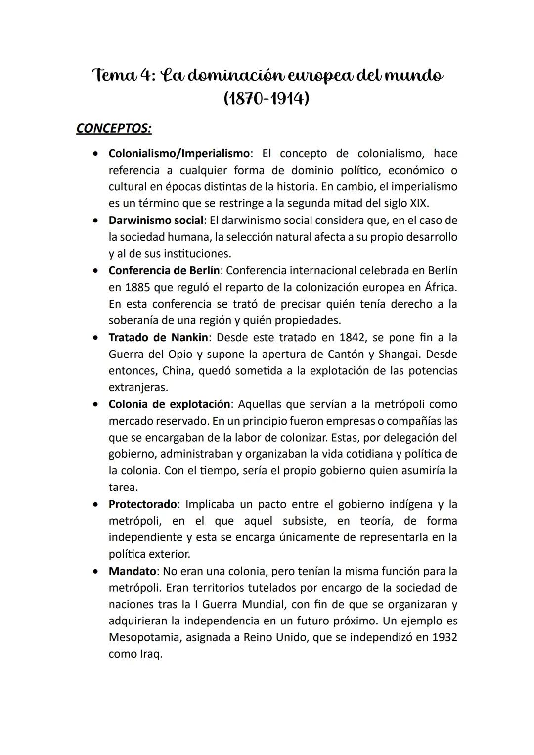 Tema 4: La dominación europea del mundo
(1870-1914)
CONCEPTOS:
• Colonialismo/Imperialismo: El concepto de colonialismo, hace
referencia a c