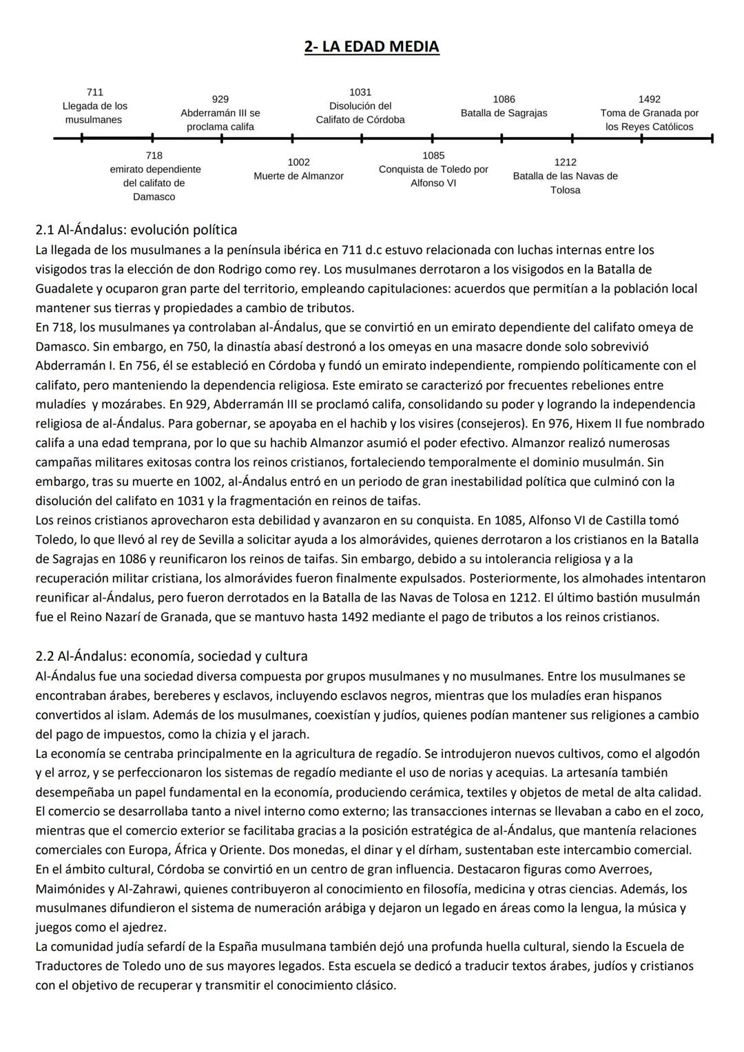 711
Llegada de los
musulmanes
929
Abderramán III se
proclama califa
2- LA EDAD MEDIA
1031
Disolución del
Califato de Córdoba
1086
Batalla de