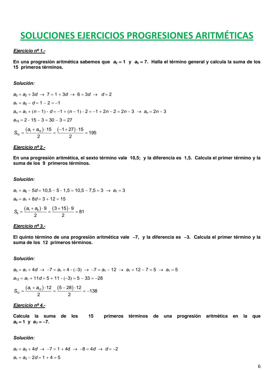 PROGRESIONES ARITMÉTICAS
Ejercicio nº 1.-
En una progresión aritmética sabemos que a2 = 1 y a5 = 7. Halla el término general y calcula la su