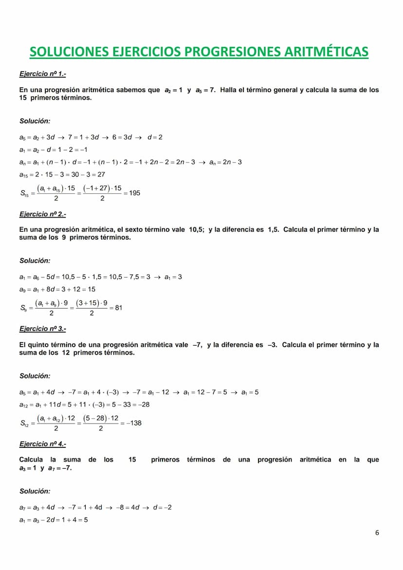 PROGRESIONES ARITMÉTICAS
Ejercicio nº 1.-
En una progresión aritmética sabemos que a2 = 1 y a5 = 7. Halla el término general y calcula la su