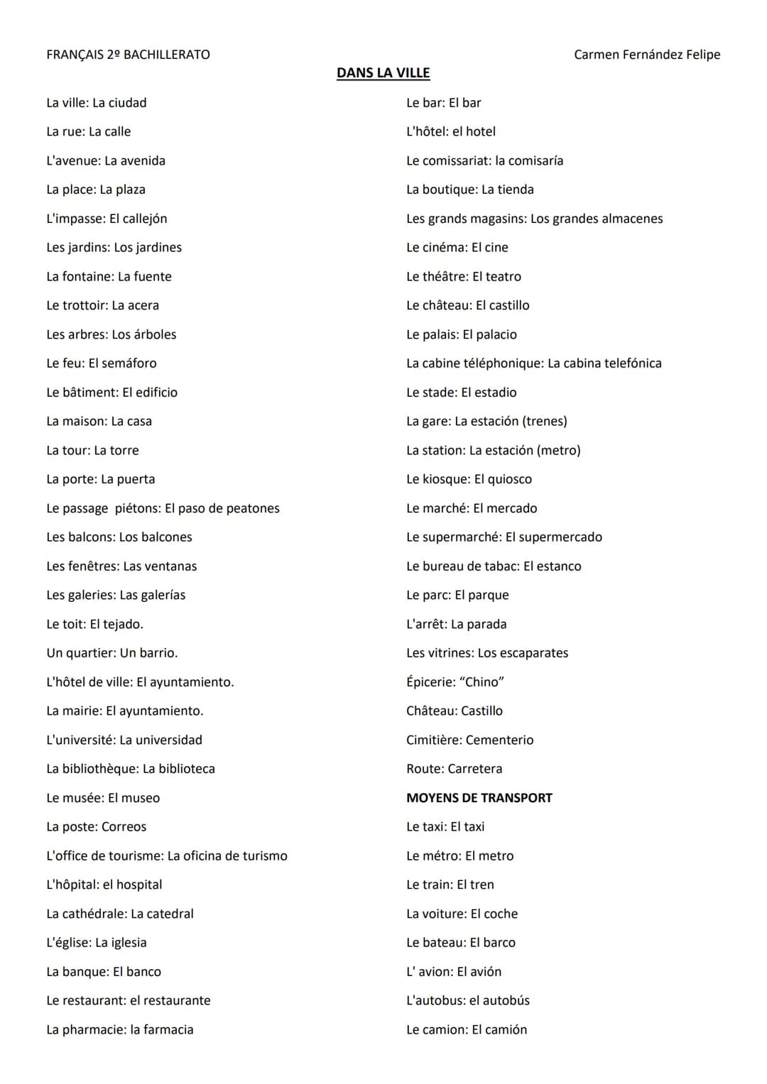 FRANÇAIS 2º BACHILLERATO
La ville: La ciudad
La rue: La calle
L'avenue: La avenida
La place: La plaza
L'impasse: El callejón
Les jardins: Lo