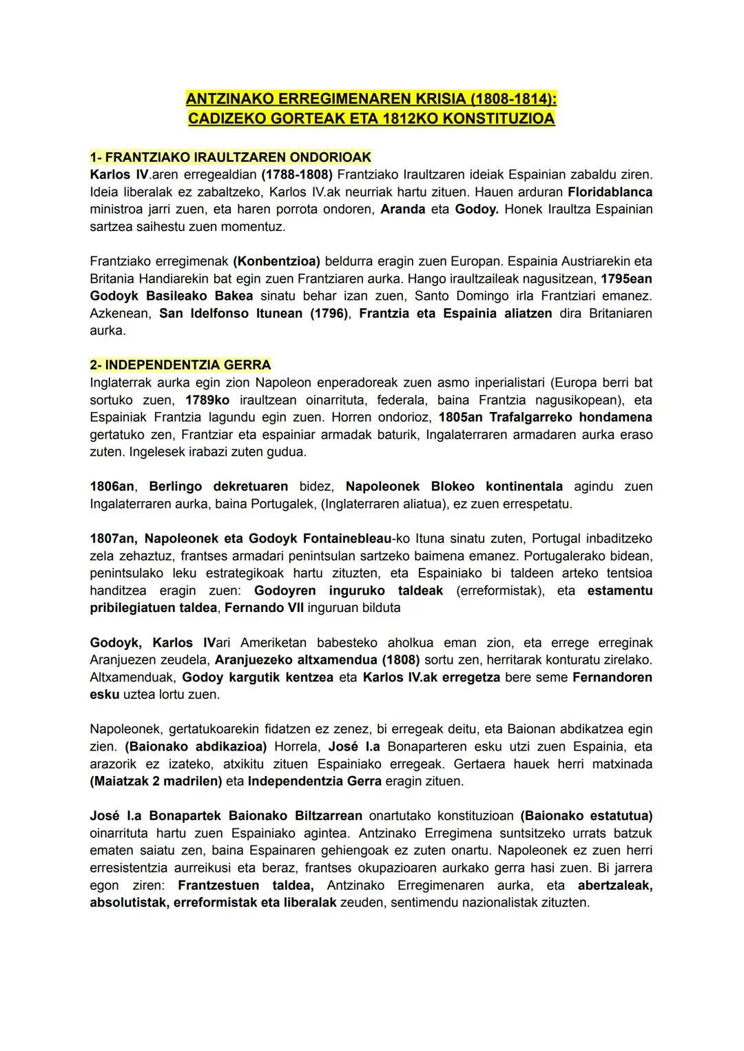 ANTZINAKO ERREGIMENAREN KRISIA (1808-1814):
CADIZEKO GORTEAK ETA 1812KO KONSTITUZIOA
1- FRANTZIAKO IRAULTZAREN ONDORIOAK
Karlos IV.aren erre