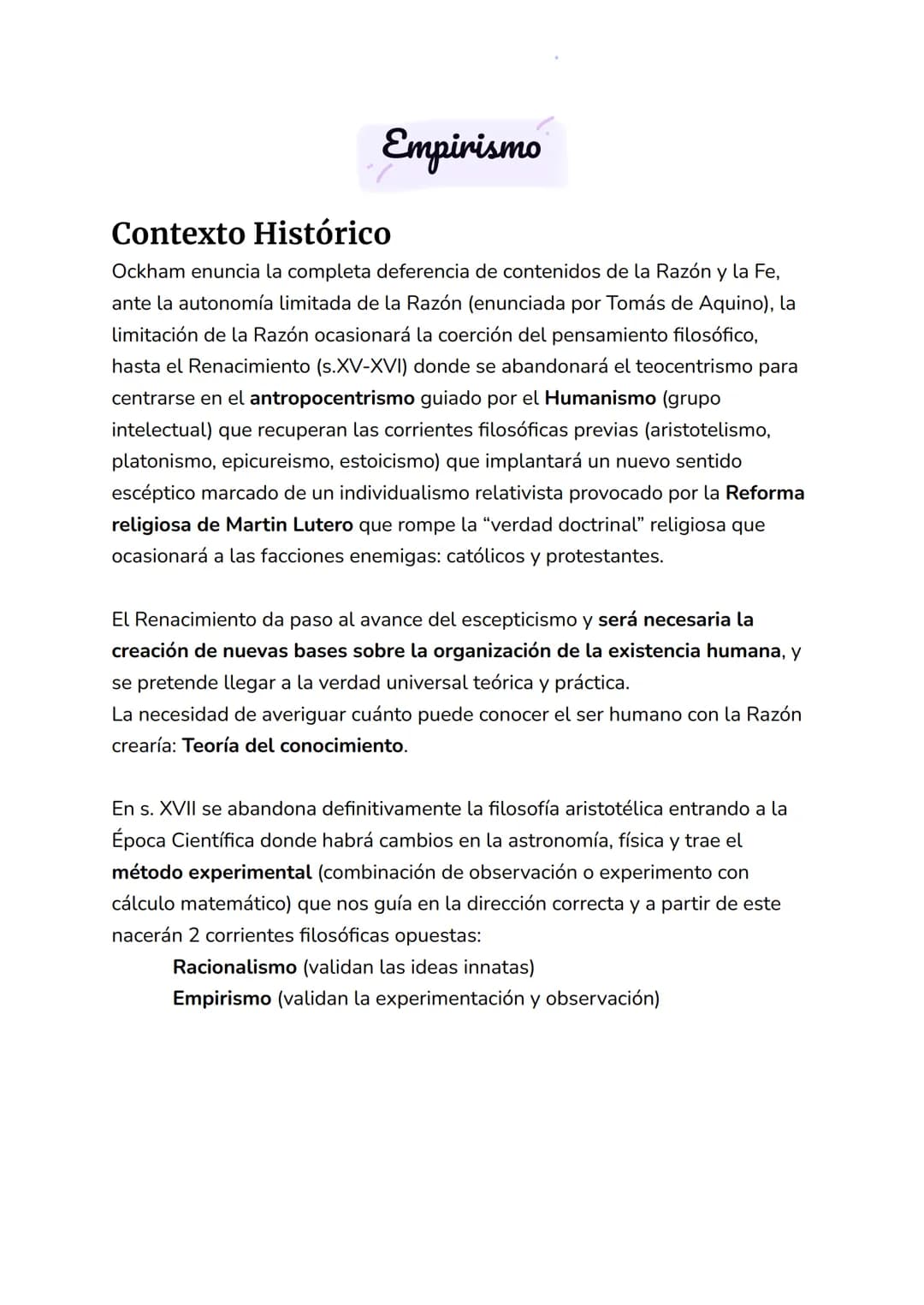 
<p>El contexto histórico del empirismo se sitúa en el Renacimiento (s.XV-XVI), época en la que se abandonó el teocentrismo para centrarse e