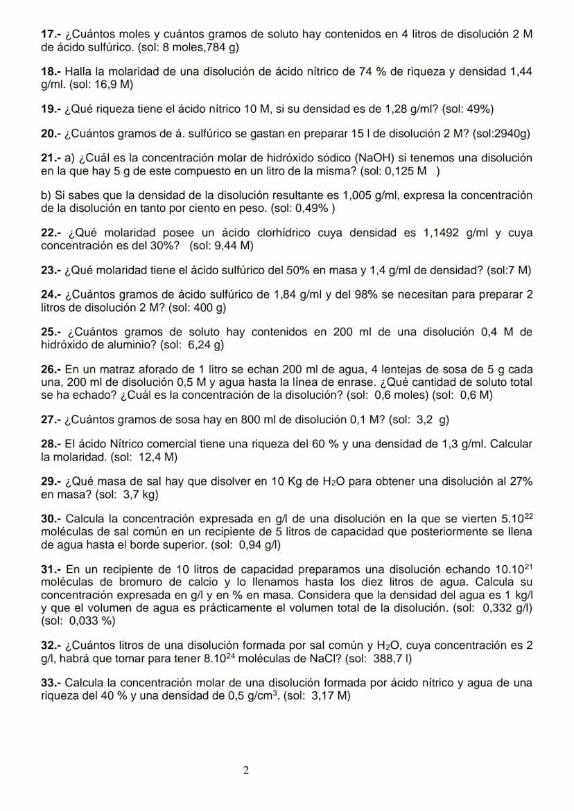 Ejercicios de disoluciones
1.- Halla la composición centesimal de una disolución de 10 g de cloruro de magnesio (MgCl2)
en 500 g de agua. (s