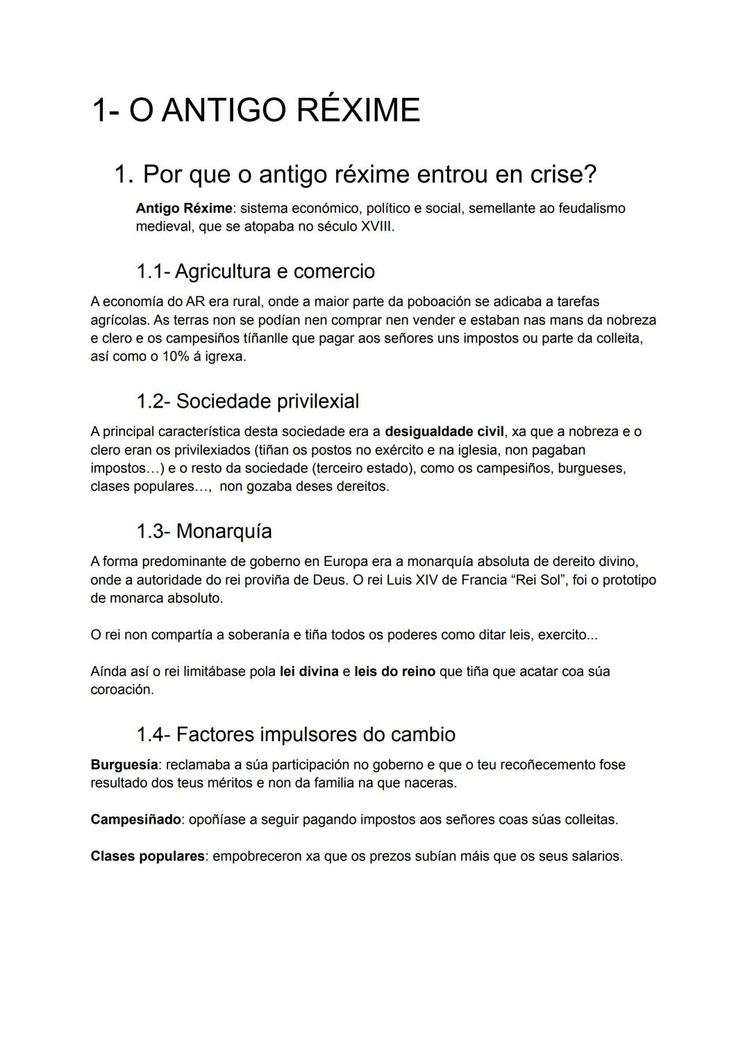 # 1- O ANTIGO RÉXIME

1.  Por que o antigo réxime entrou en crise?

Antigo Réxime: sistema económico, político e social, semellante ao feuda