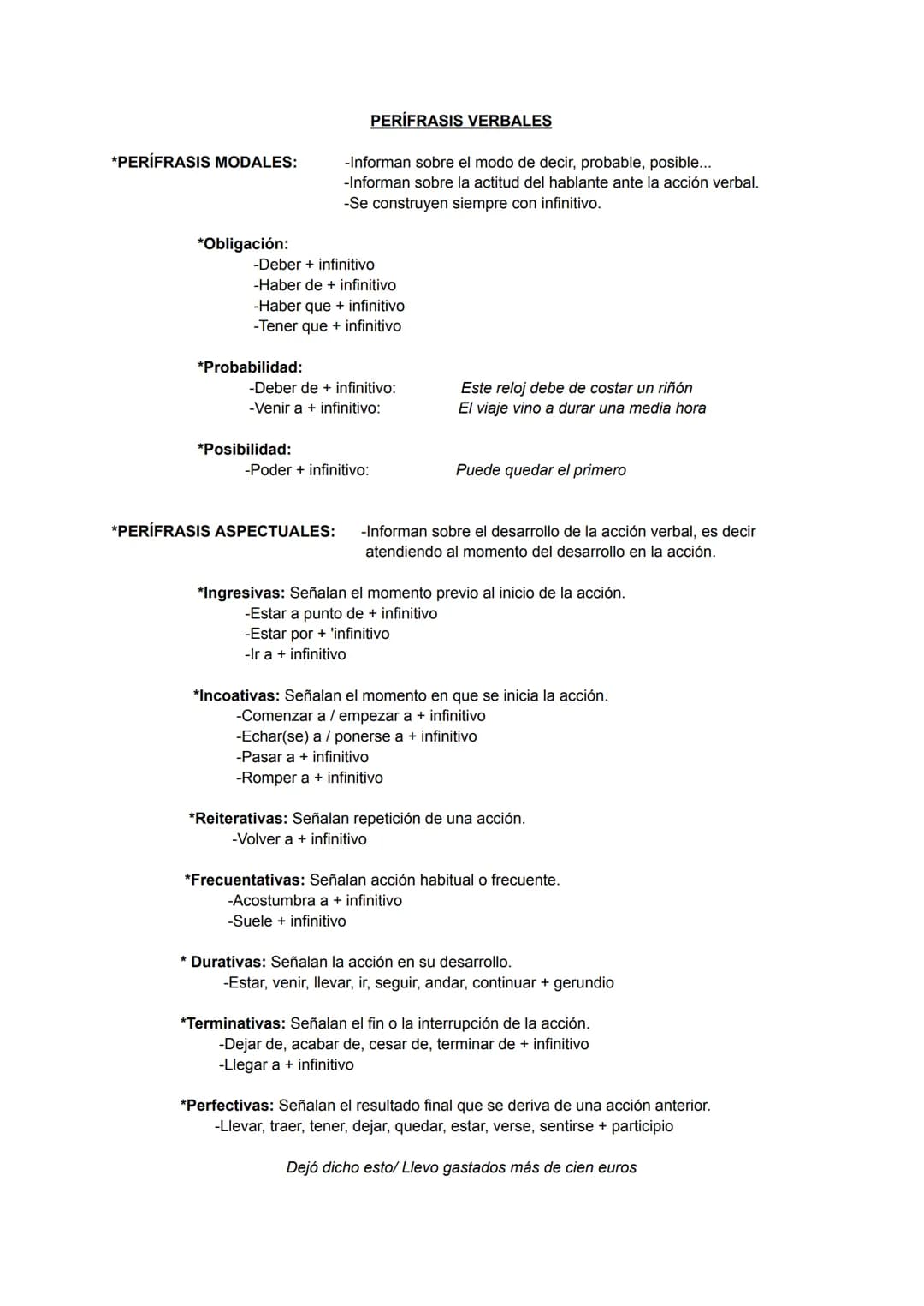 *PERÍFRASIS MODALES:
*Obligación:
*Probabilidad:
-Deber + infinitivo
-Haber de + infinitivo
-Haber que + infinitivo
-Tener que + infinitivo
