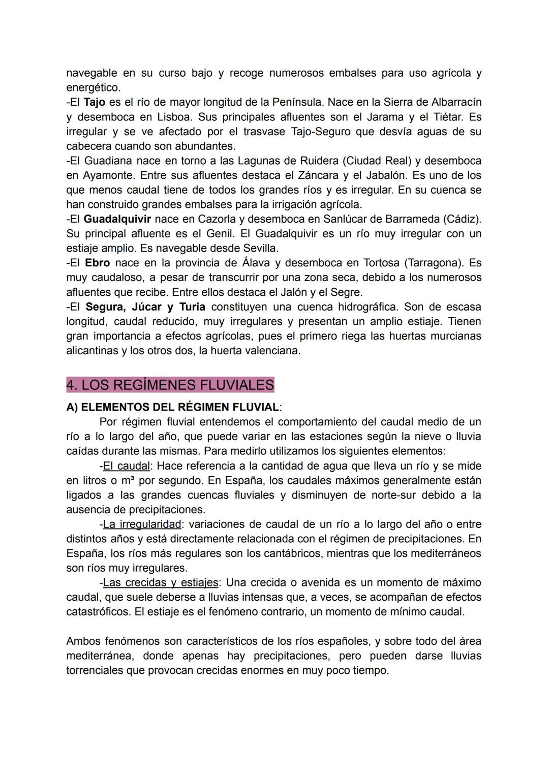 GLOSARIO TEMA 4
Caudal de un río: Cantidad de agua que transporta un río en un momento y lugar
determinados de su curso. Podemos distinguir,