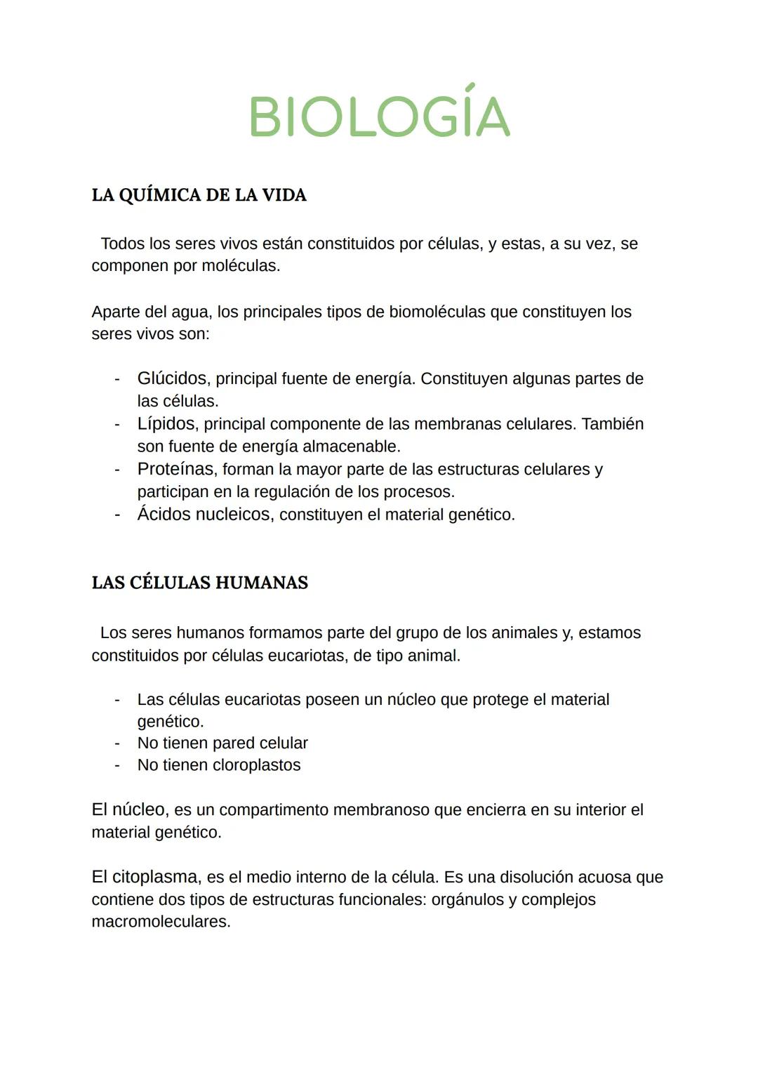 BIOLOGÍA
LA QUÍMICA DE LA VIDA
Todos los seres vivos están constituidos por células, y estas, a su vez, se
componen por moléculas.
Aparte de