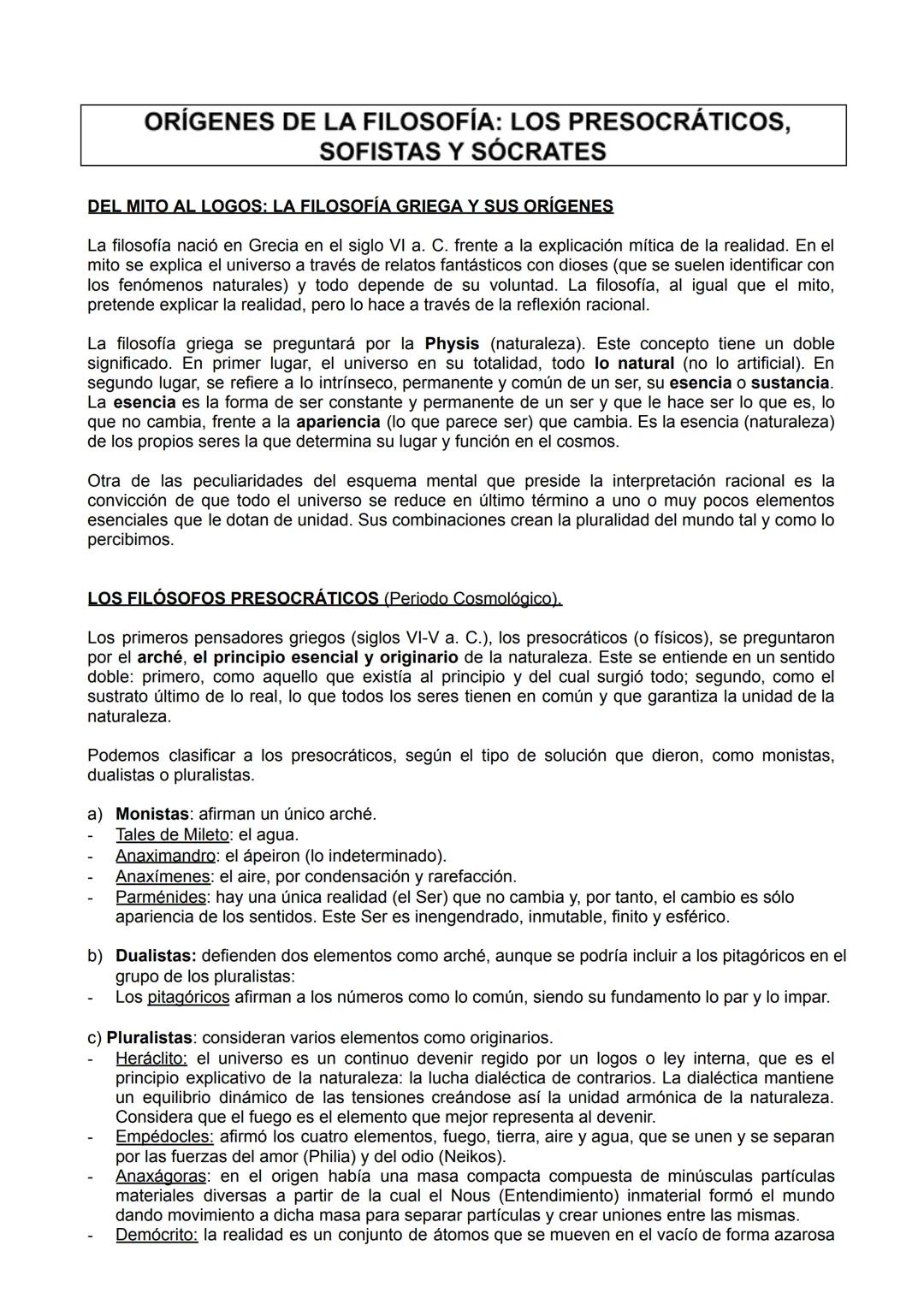 # ORÍGENES DE LA FILOSOFÍA: LOS PRESOCRÁTICOS,
SOFISTAS Y SÓCRATES

DEL MITO AL LOGOS: LA FILOSOFÍA GRIEGA Y SUS ORÍGENES

La filosofía naci