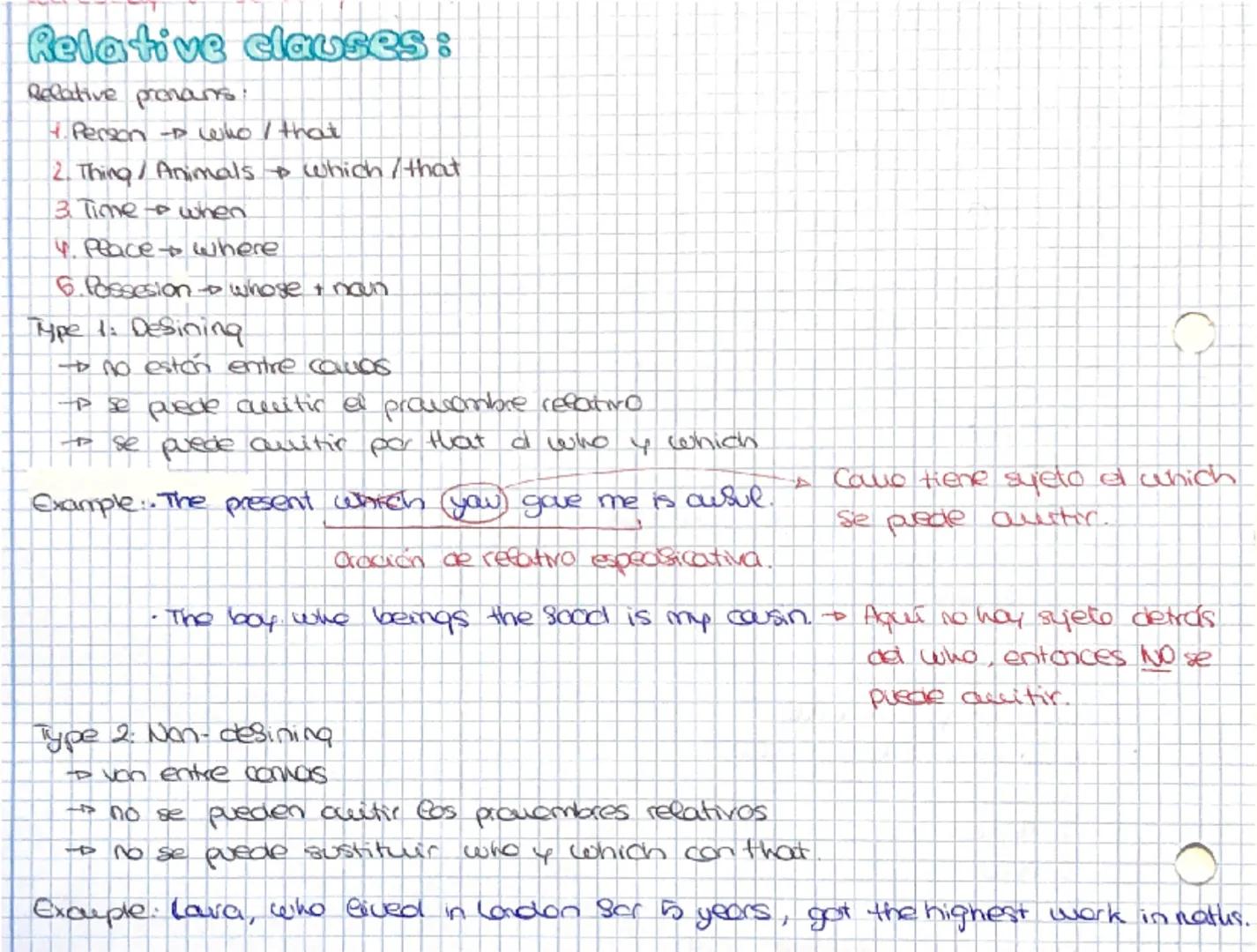 Relative clauses:
Relative pronams.
4. Person - who / that
2. Thing / Animals & which/that
3 Time - when
4. Place
where
6. Possesion whose +