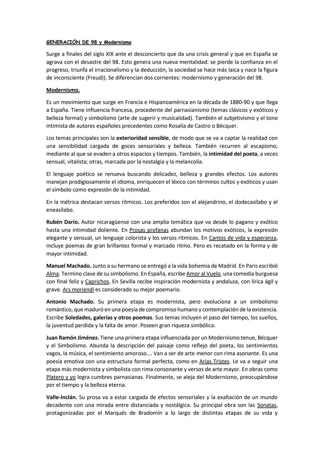 GENERACIÓN DE 98 y Modernismo
Surge a finales del siglo XIX ante el desconcierto que da una crisis general y que en España se
agrava con el 
