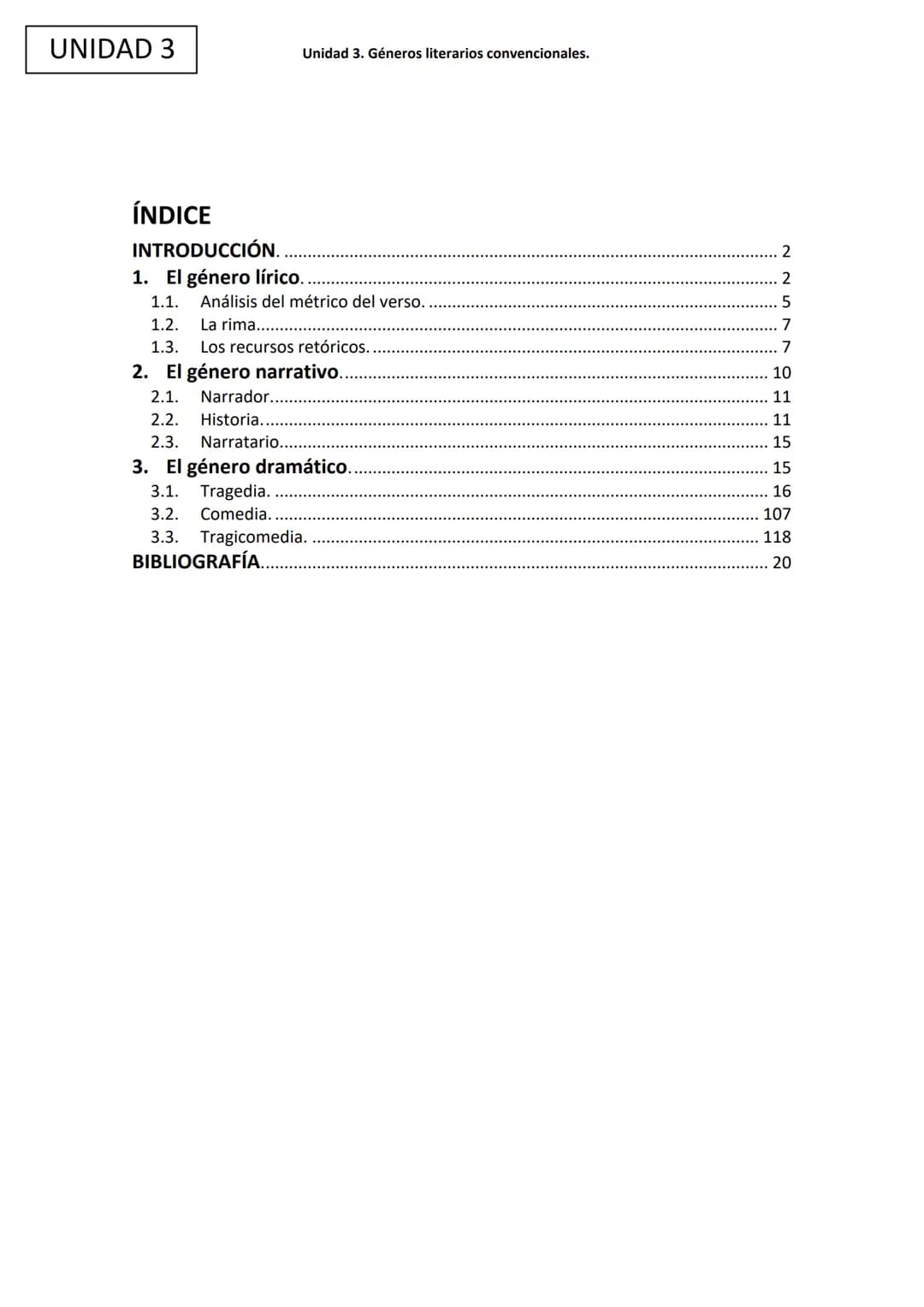 LITERATURA
Unidad 3. Géneros literarios convencionales. UNIDAD 3
ÍNDICE
INTRODUCCIÓN.
1. El género lírico...
1.1. Análisis del métrico del v
