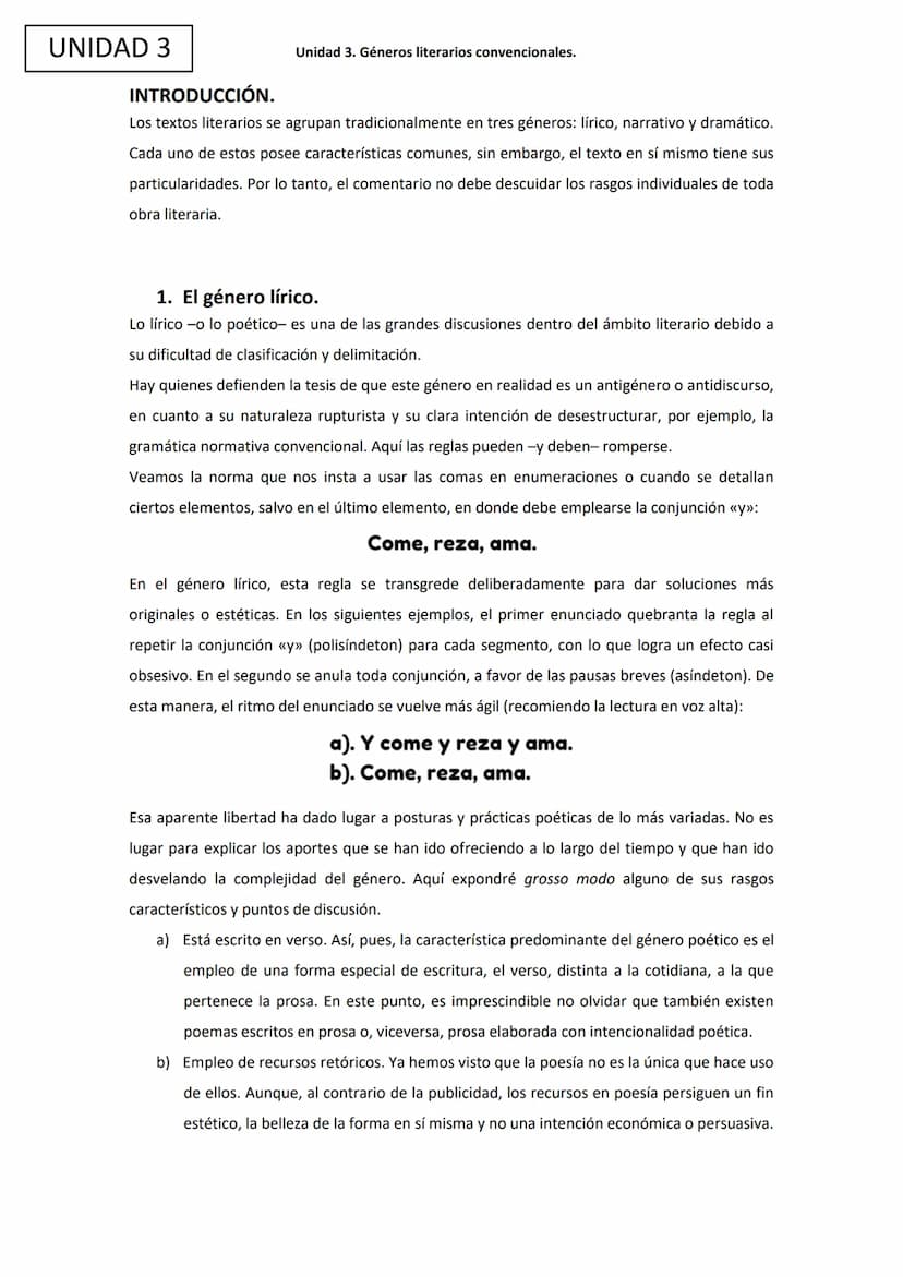LITERATURA
Unidad 3. Géneros literarios convencionales. UNIDAD 3
ÍNDICE
INTRODUCCIÓN.
1. El género lírico...
1.1. Análisis del métrico del v