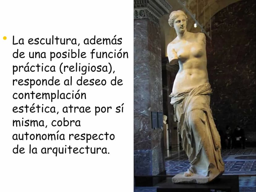 EL ARTE GRIEGO
LA ESCULTURA Características
Generales La escultura, además
de una posible función
práctica (religiosa),
responde al deseo de