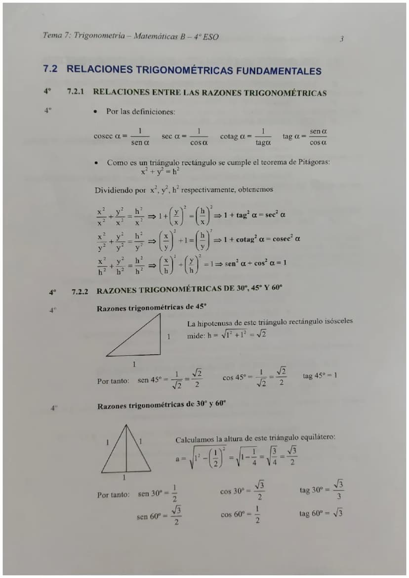 Tema 7: Trigonometría - Matemáticas B - 4º ESO
TEMA 7 - TRIGONOMETRÍA
7.0 UNIDADES DE MEDIDAS DE ÁNGULOS
4°
4°
4⁰
4⁰
4°
7.0.1 GRADOS SEXAGES