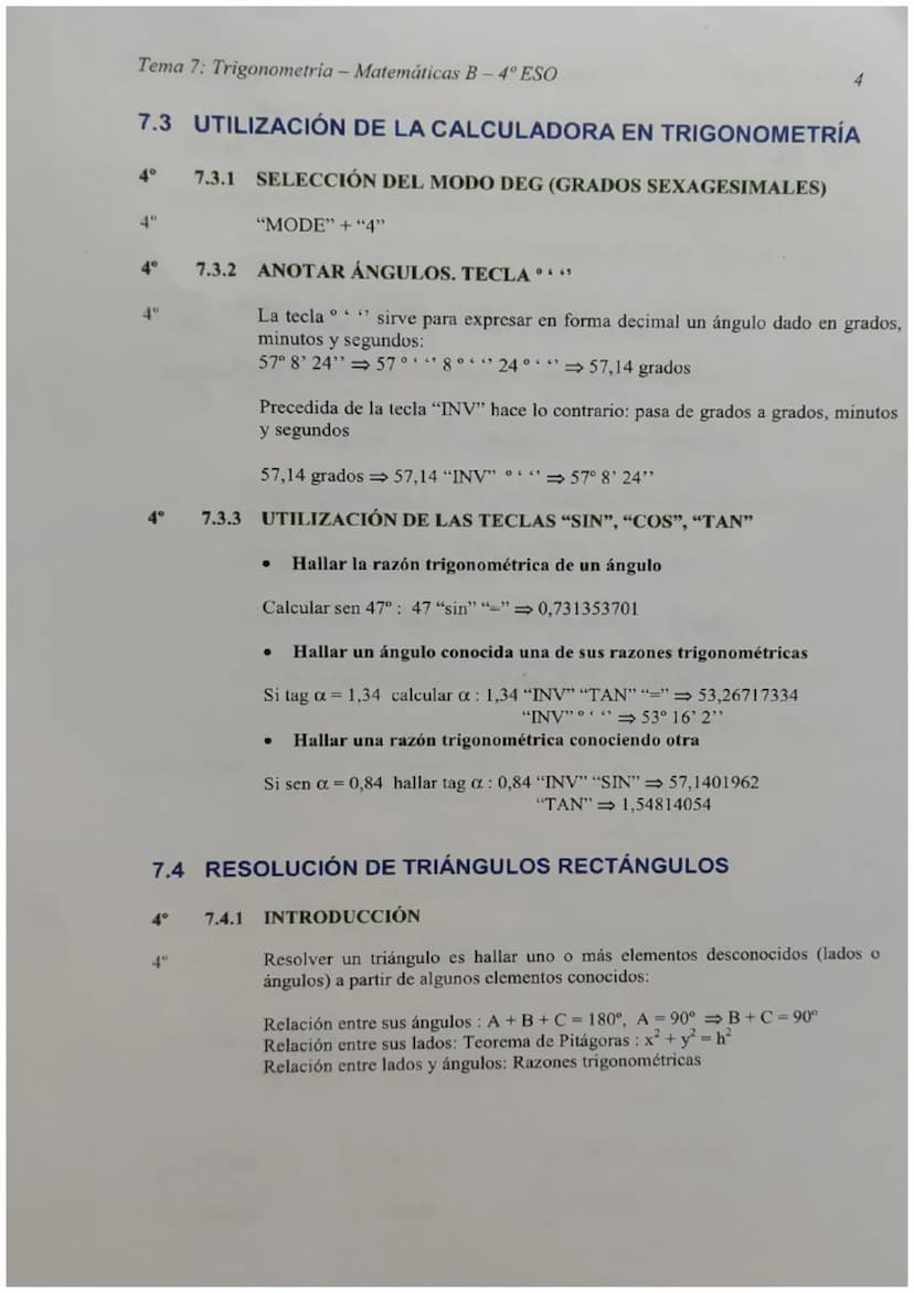 Tema 7: Trigonometría - Matemáticas B - 4º ESO
TEMA 7 - TRIGONOMETRÍA
7.0 UNIDADES DE MEDIDAS DE ÁNGULOS
4°
4°
4⁰
4⁰
4°
7.0.1 GRADOS SEXAGES