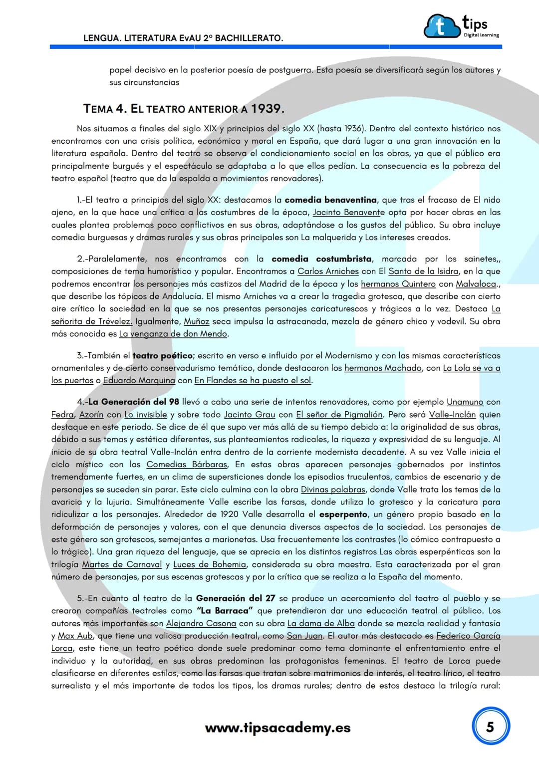 LENGUA
2º BACHILLERATO
Literatura EvAU
www.tipsacademy.es
't LENGUA. LITERATURA EVAU 2º BACHILLERATO.
t tips
Digital learning
TEMAS LITERATU
