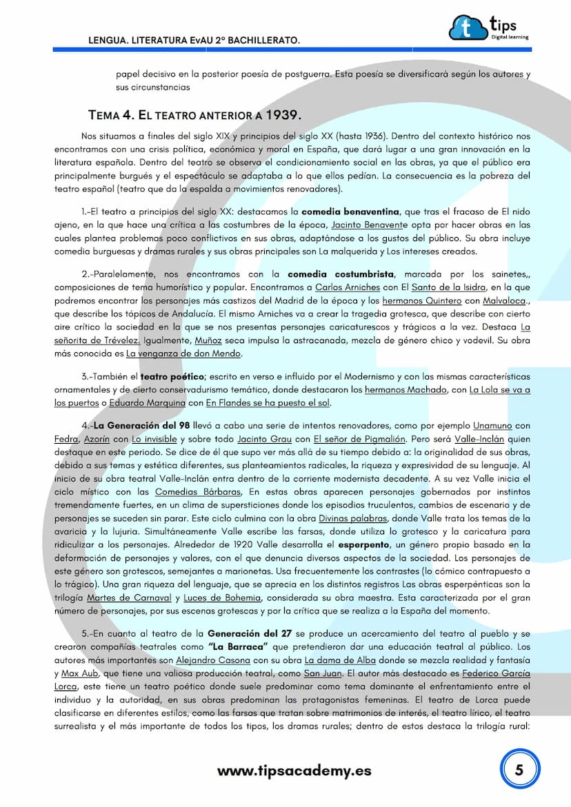 LENGUA
2º BACHILLERATO
Literatura EvAU
www.tipsacademy.es
't LENGUA. LITERATURA EVAU 2º BACHILLERATO.
t tips
Digital learning
TEMAS LITERATU