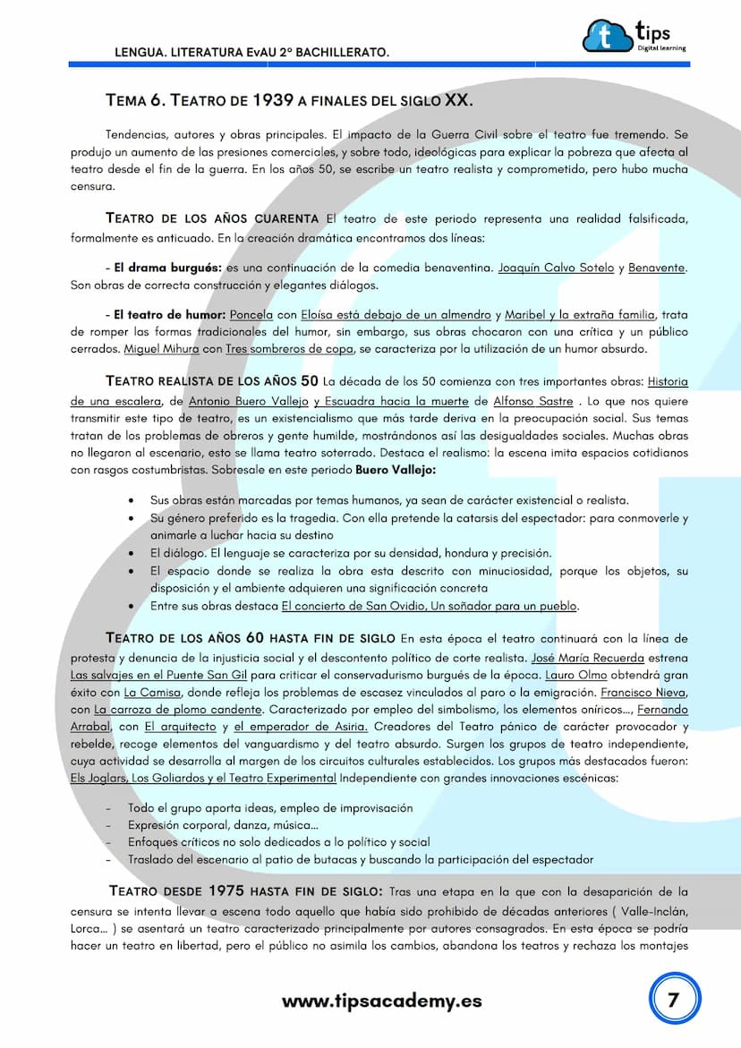 LENGUA
2º BACHILLERATO
Literatura EvAU
www.tipsacademy.es
't LENGUA. LITERATURA EVAU 2º BACHILLERATO.
t tips
Digital learning
TEMAS LITERATU