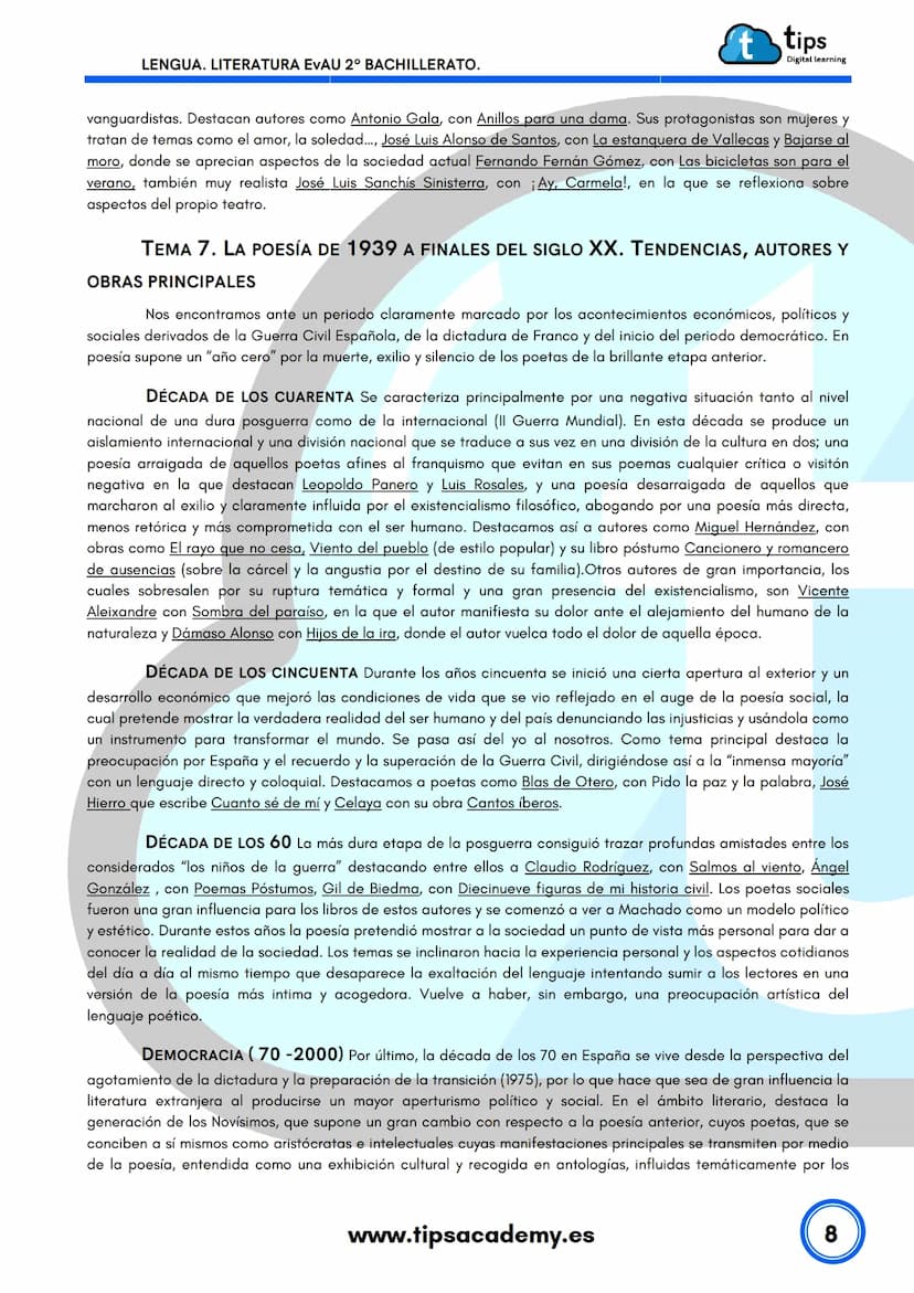 LENGUA
2º BACHILLERATO
Literatura EvAU
www.tipsacademy.es
't LENGUA. LITERATURA EVAU 2º BACHILLERATO.
t tips
Digital learning
TEMAS LITERATU
