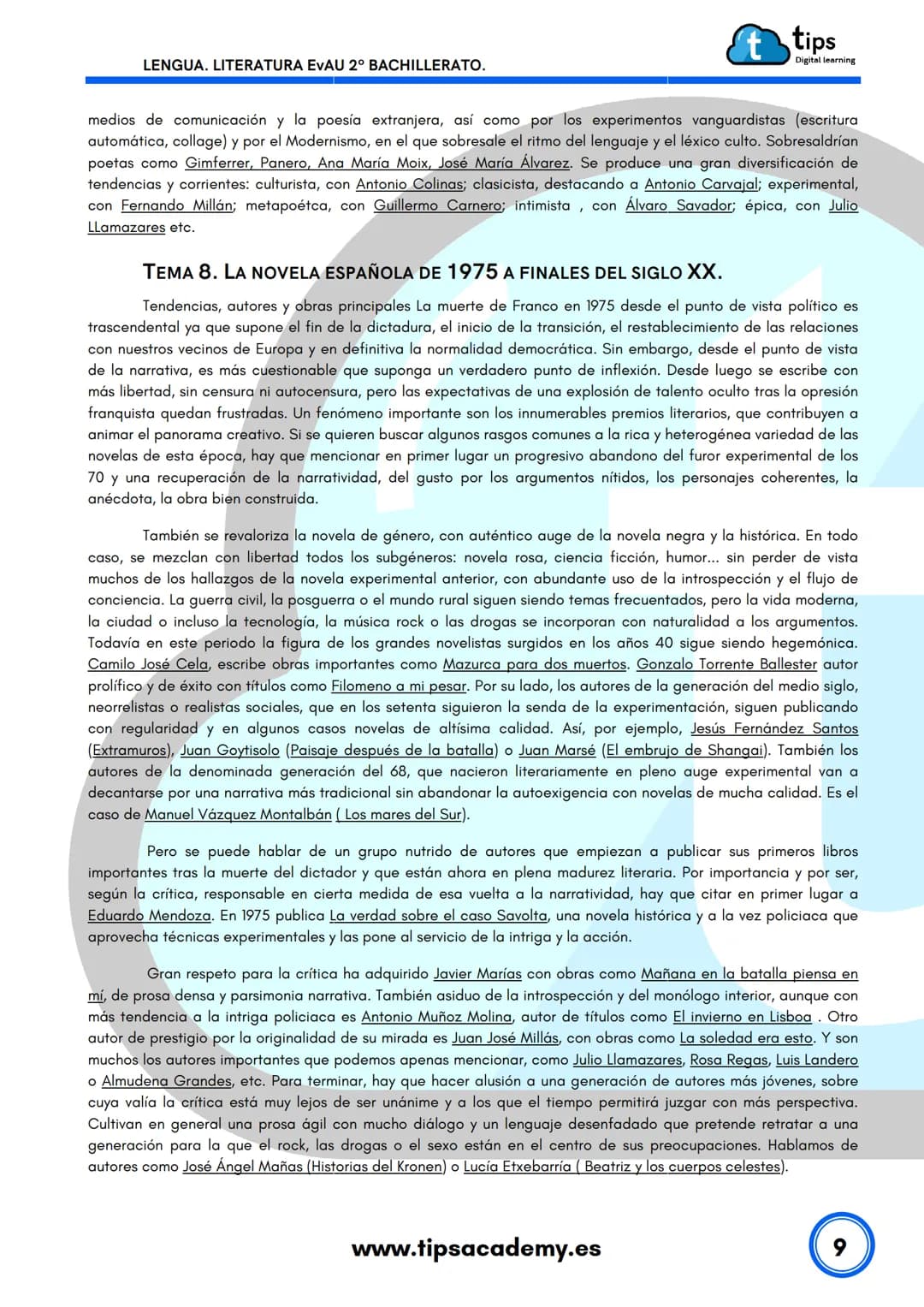 LENGUA
2º BACHILLERATO
Literatura EvAU
www.tipsacademy.es
't LENGUA. LITERATURA EVAU 2º BACHILLERATO.
t tips
Digital learning
TEMAS LITERATU