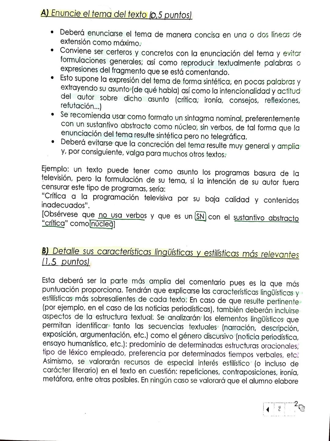 A) Enuncie el tema del texto (0,5 puntos)
• Deberá enunciarse el tema de manera concisa en una o dos líneas de
extensión como máximo.
• Conv
