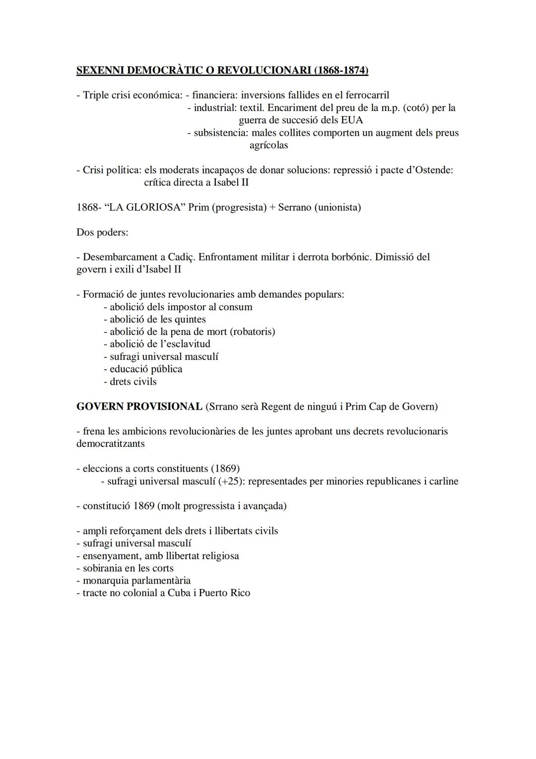 SEXENNI DEMOCRÀTIC O REVOLUCIONARI (1868-1874)
Triple crisi económica: - financiera: inversions fallides en el ferrocarril
-
- industrial: t