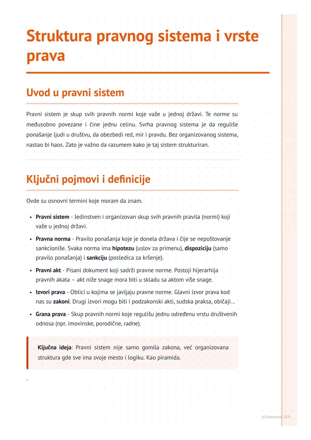 # Struktura pravnog sistema i vrste
prava

Uvod u pravni sistem

Pravni sistem je skup svih pravnih normi koje važe u jednoj državi. Te norm