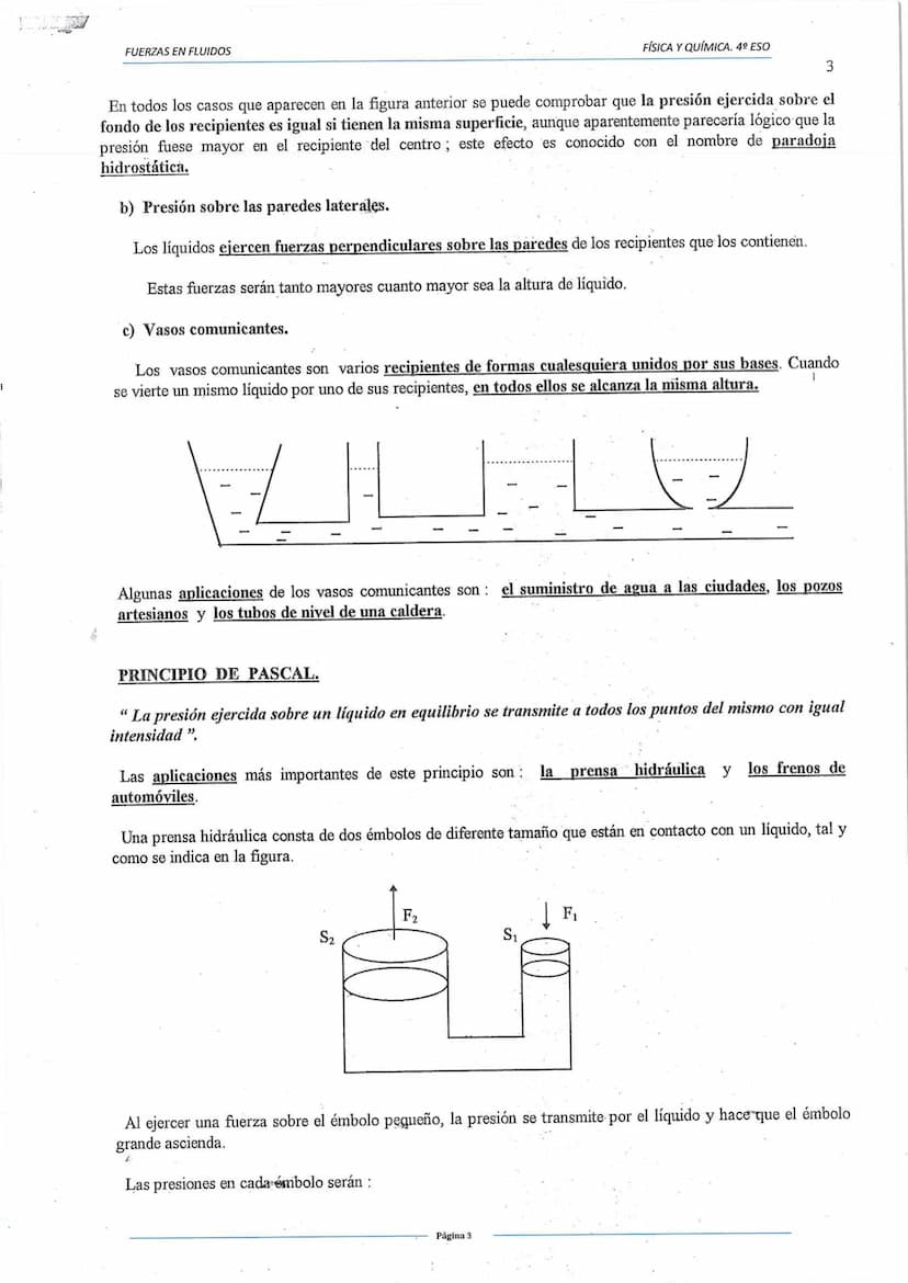 FUERZAS EN FLUIDOS
Unidades de presión:
PRESIÓN.
Es el cociente existente entre la fuerza aplicada y la superficie sobre la que actúa.
En el