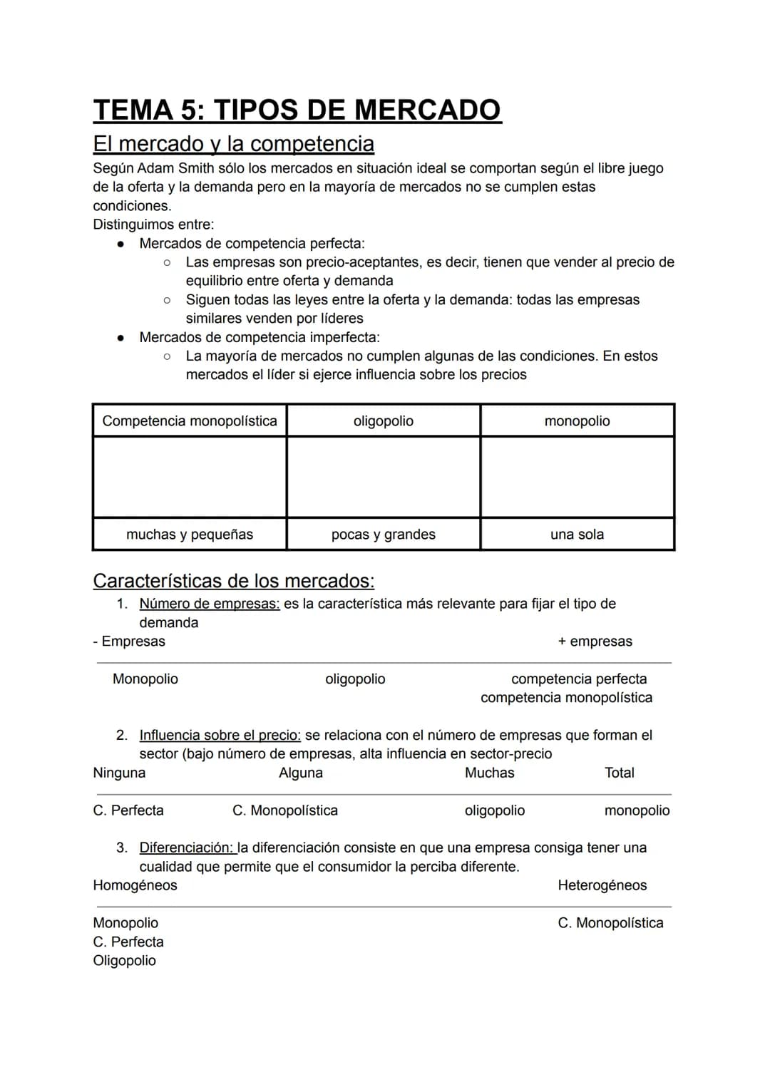 TEMA 5: TIPOS DE MERCADO
El mercado y la competencia
Según Adam Smith sólo los mercados en situación ideal se comportan según el libre juego