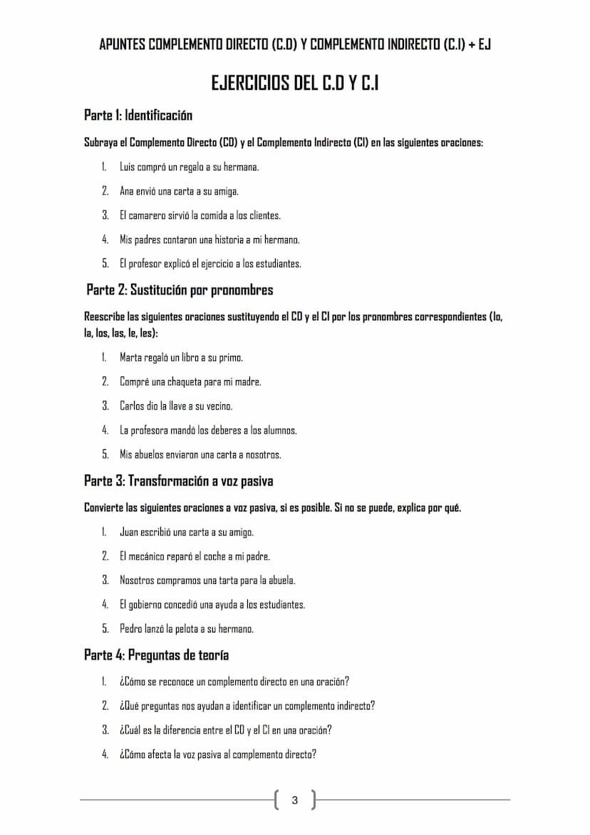 --- OCR Start ---
APUNTES COMPLEMENTO DIRECTO (C.D) Y COMPLEMENTO INDIRECTO (C.I) + EJ
EL COMPLEMENTO DIRECTO (C.D)
El complemento directo (