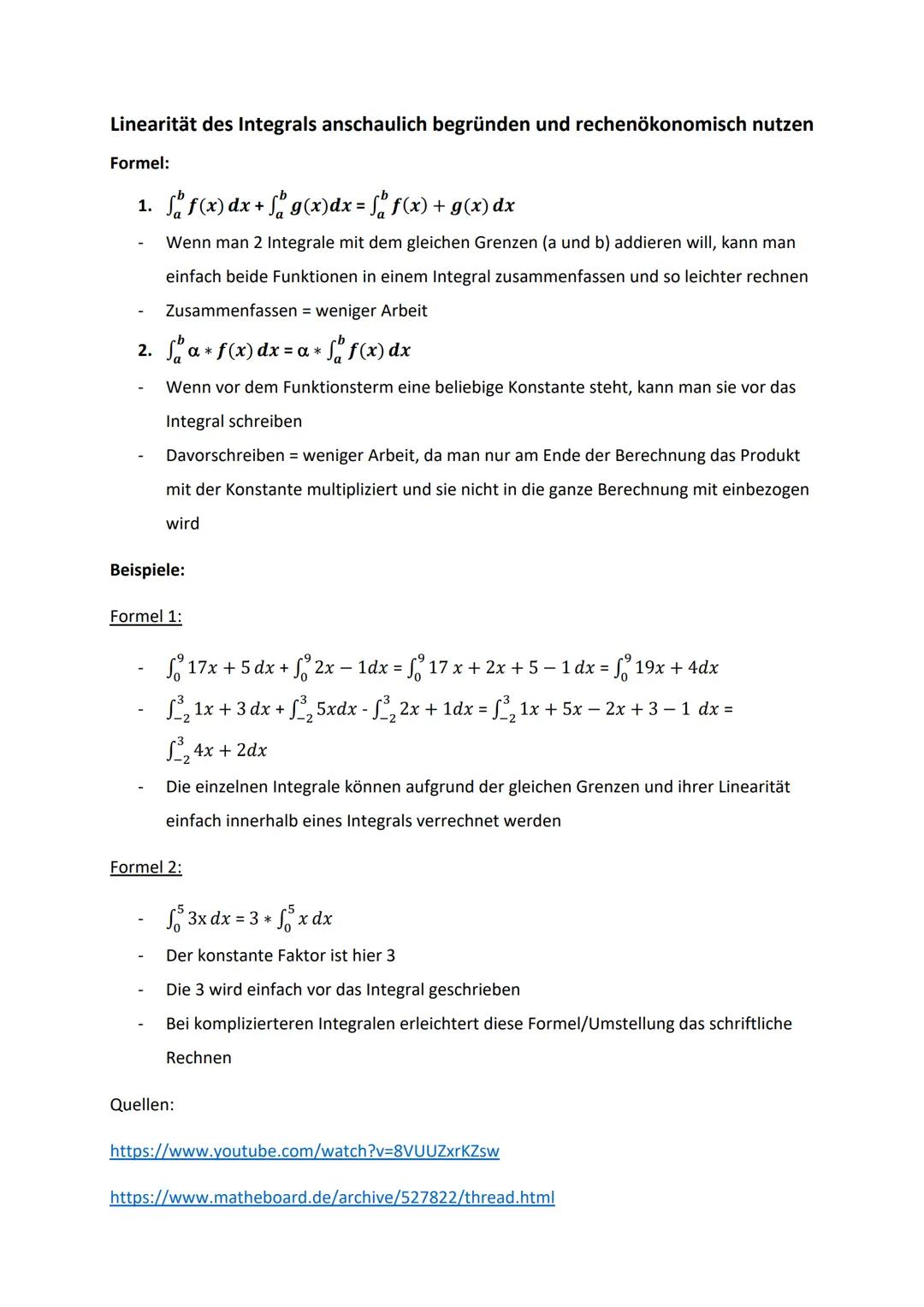 Linearität des Integrals anschaulich begründen und rechenökonomisch nutzen

Formel:

1. $\int_a^b f(x) dx + \int_a^b g(x)dx = \int_a^b f(x) 