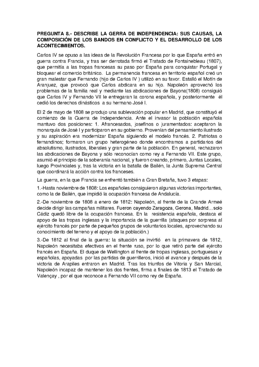 Guerra de Independencia en España: Clave para EBAU - Pregunta 8