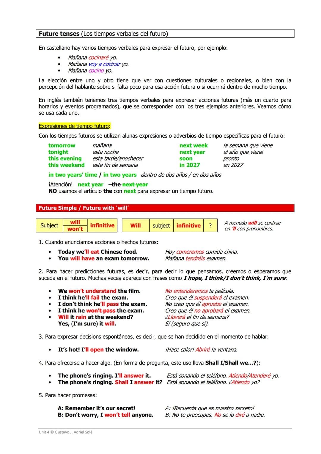 Future tenses (Los tiempos verbales del futuro)
En castellano hay varios tiempos verbales para expresar el futuro, por ejemplo:
Mañana cocin