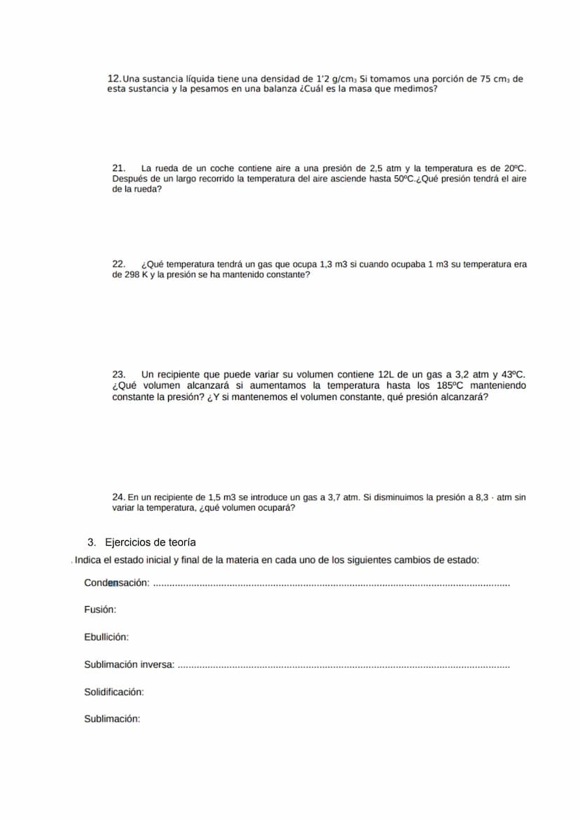 EXAMEN FÍSICA TEMA 2
1. Ejercicios de leyes de los gases.
1. Un recipiente con una capacidad de 25L contiene un gas a una presión de 7,5 atm