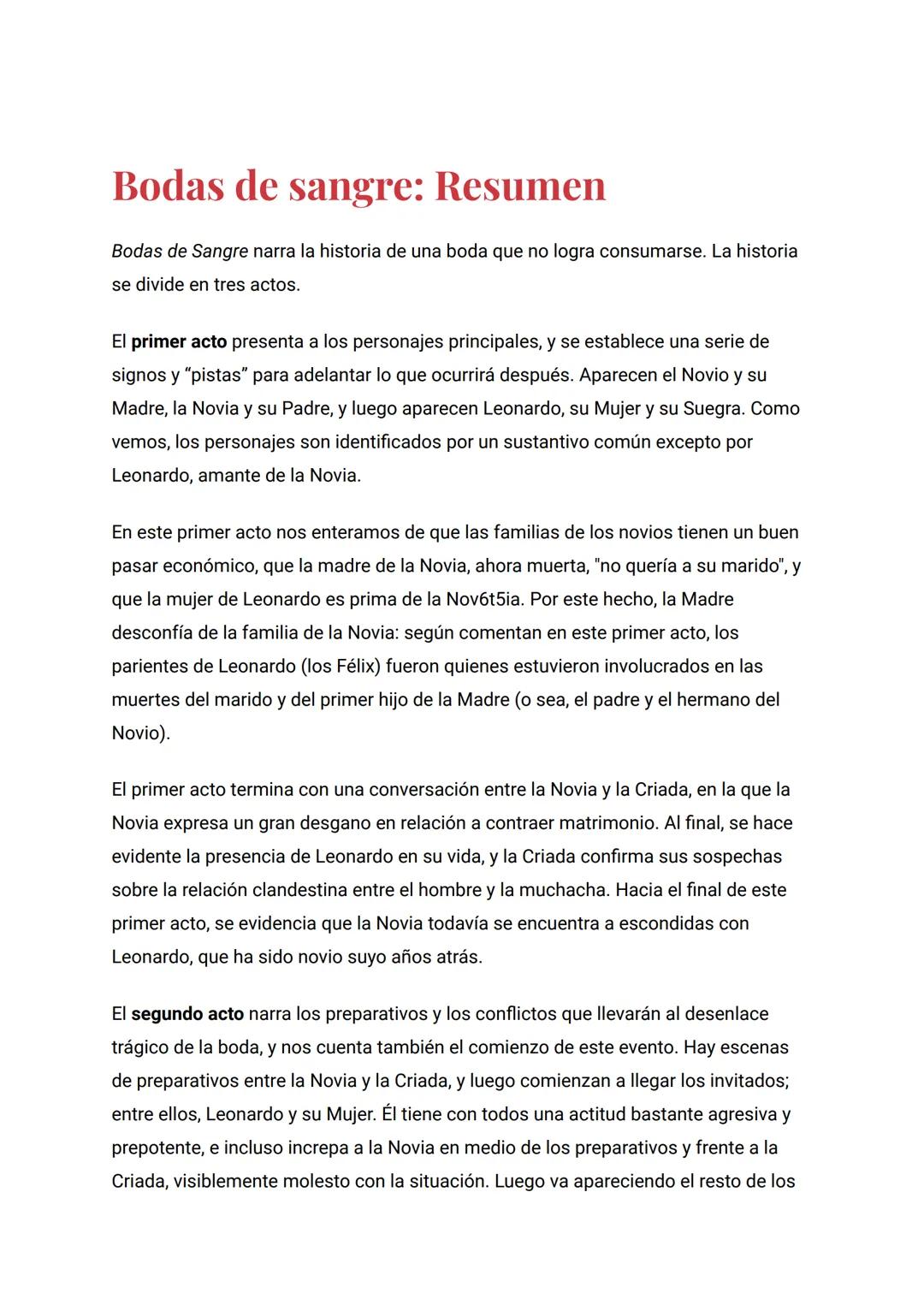 Bodas de sangre: Resumen
Bodas de Sangre narra la historia de una boda que no logra consumarse. La historia
se divide en tres actos.
El prim