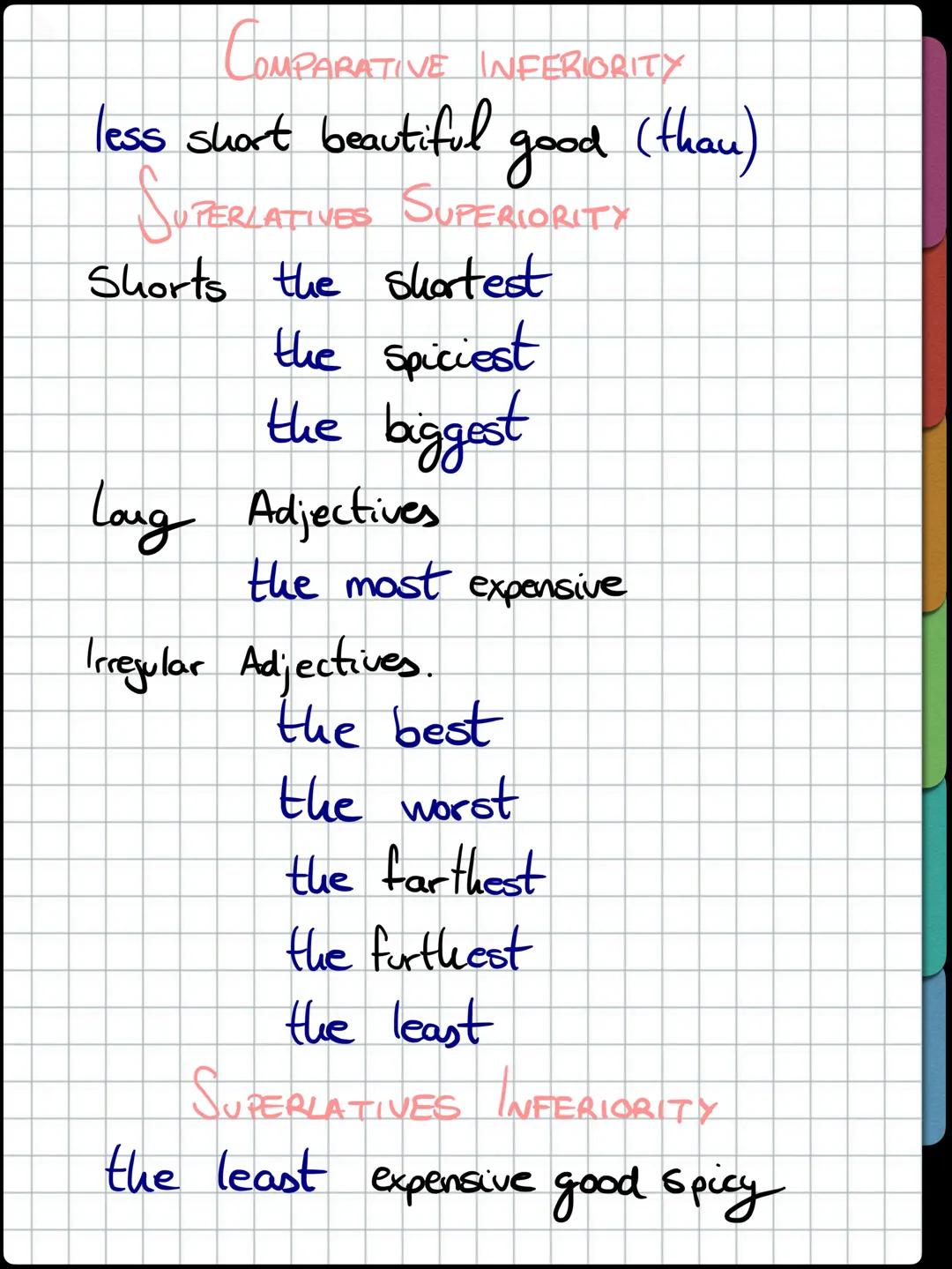 COMPARATIVES SUPERIORITY.

Short Adjectives
- Short - shorter (than)
-Spicy - Spicier (than)
-big- bigger (thaut

Long Adjectives
beautiful 