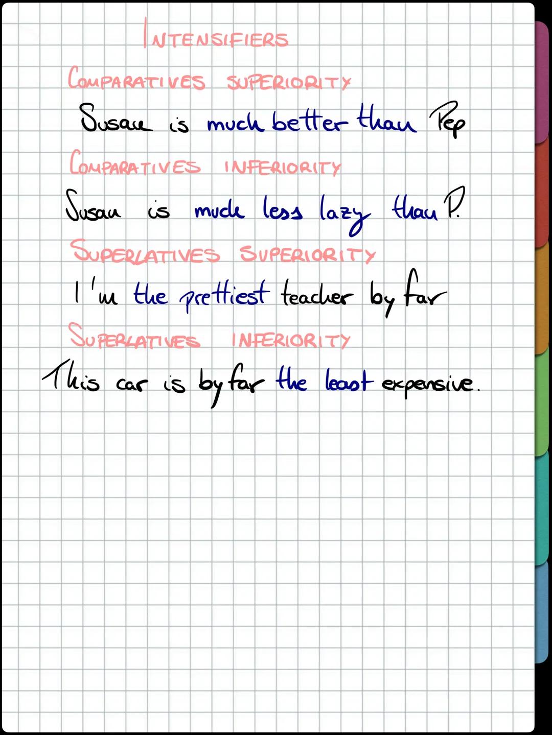 COMPARATIVES SUPERIORITY.

Short Adjectives
- Short - shorter (than)
-Spicy - Spicier (than)
-big- bigger (thaut

Long Adjectives
beautiful 