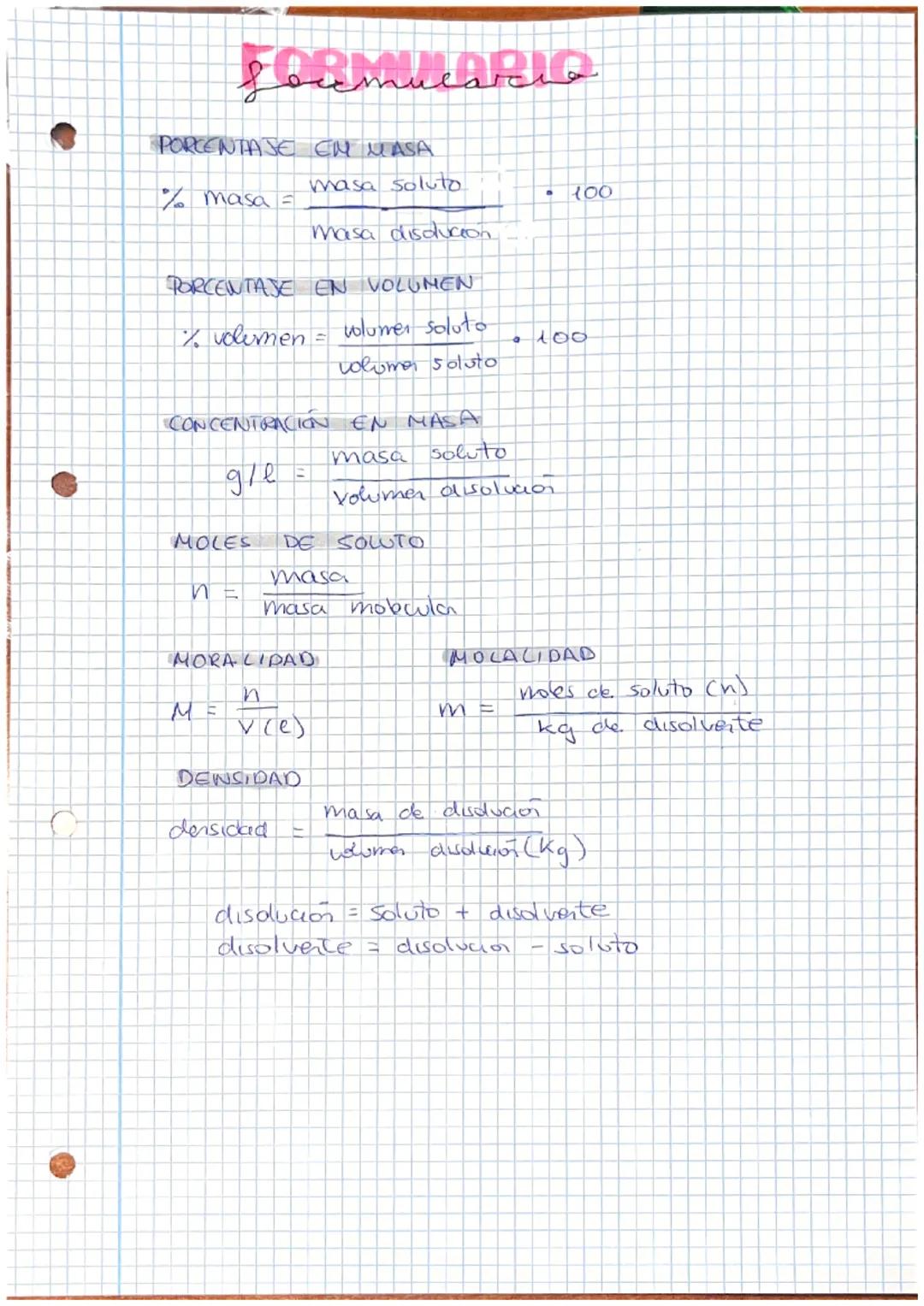 PORCENTAJE EM MASA
masa soluto
% masa =
masa disolucion
formucario
PORCENTASE EN VOLUMEN
1% volumen = volumer soluto
volume soluto
n
CONCENT