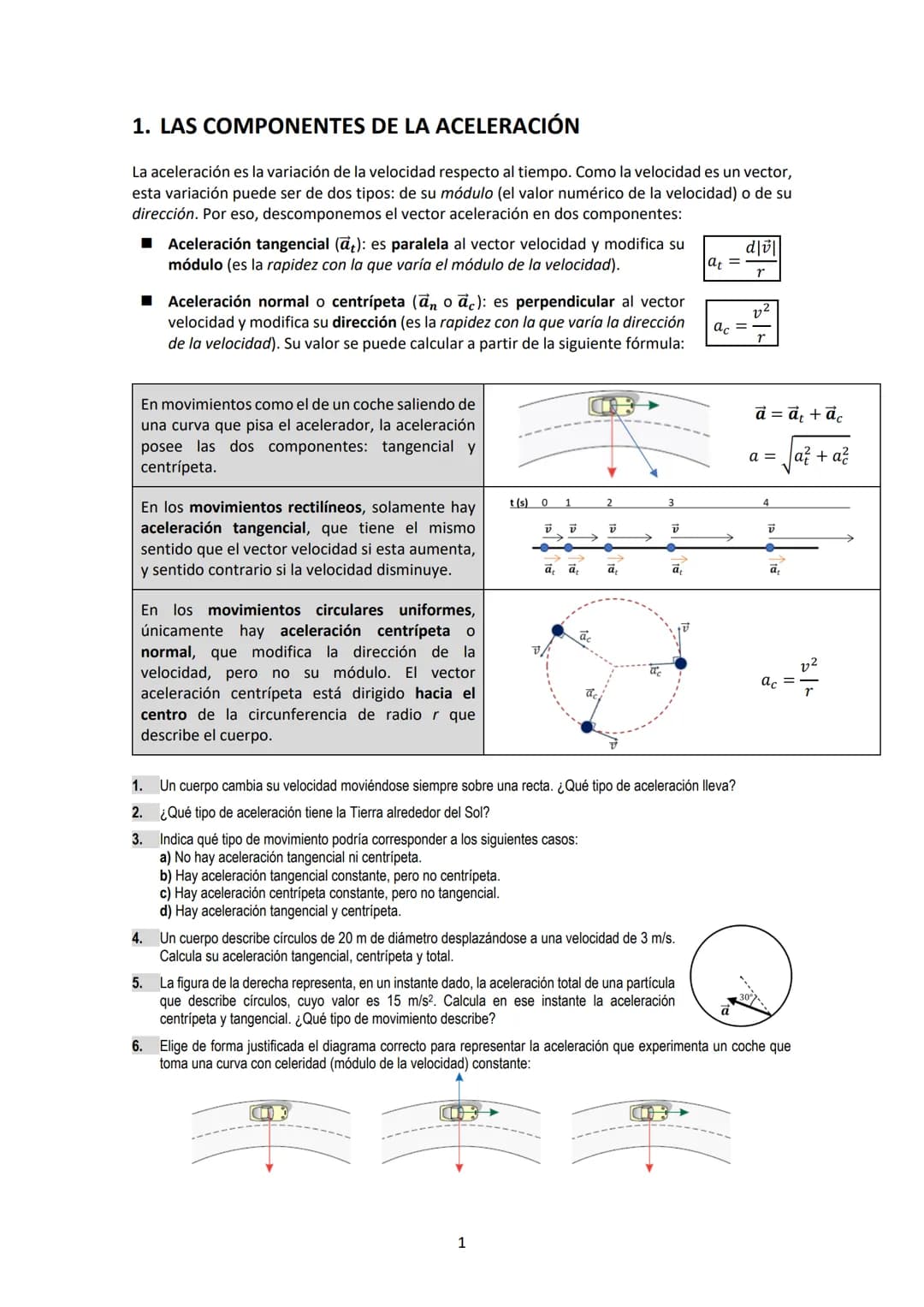 1. LAS COMPONENTES DE LA ACELERACIÓN
La aceleración es la variación de la velocidad respecto al tiempo. Como la velocidad es un vector,
esta