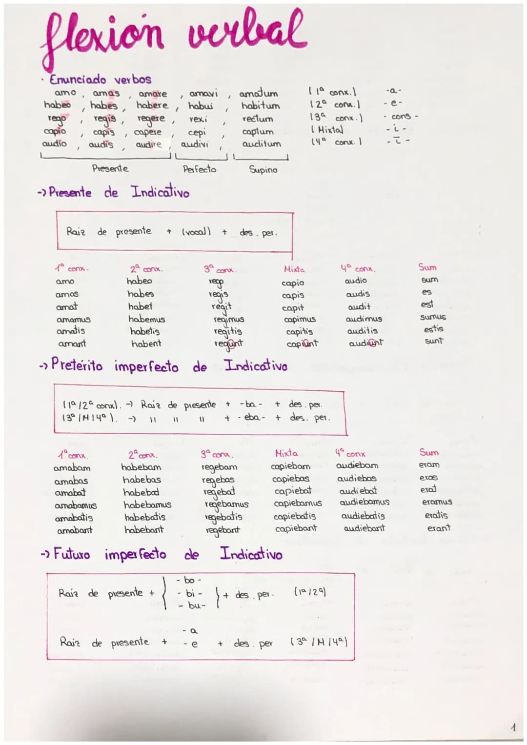 flexion verbal
Enunciado verbos
amo
habeo
rego
capio
audio
L
.
amas
amare
habes, habere
regis, regere
capis capere
audis
audire
1a conx.
amo