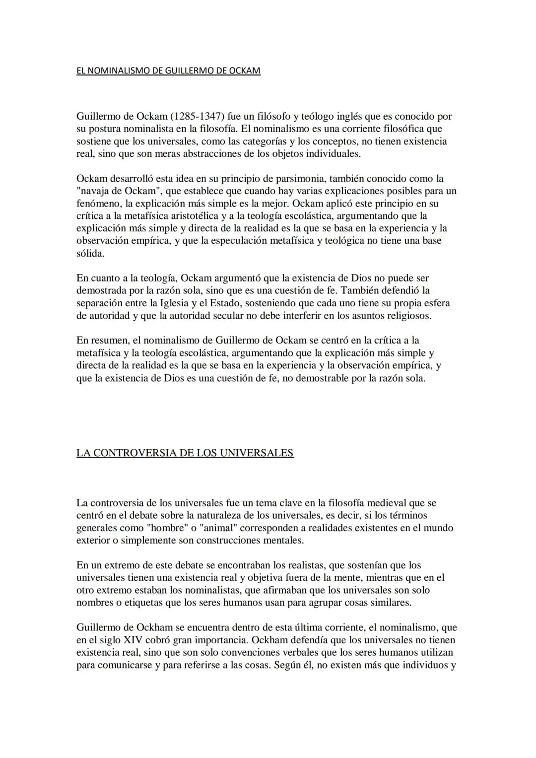 EL NOMINALISMO DE GUILLERMO DE OCKAM
Guillermo de Ockam (1285-1347) fue un filósofo y teólogo inglés que es conocido por
su postura nominali
