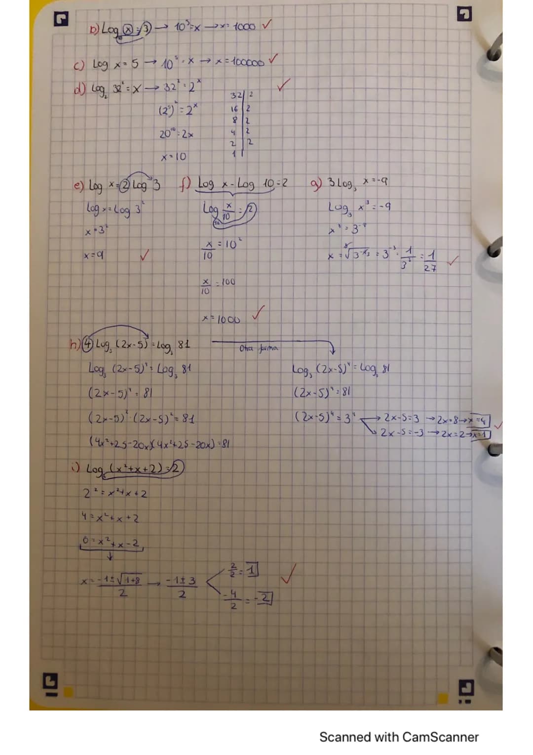 1
a) Log
2
= Log 2
x = 2
J
HOJA
Scanned with CamScanner b) Log@?)-
c) Log x=510³° × → x= 100000 ✓
✓
d) Log₂
32=X32²2*
x=9
h)(4 Log
(2x-5)
5)